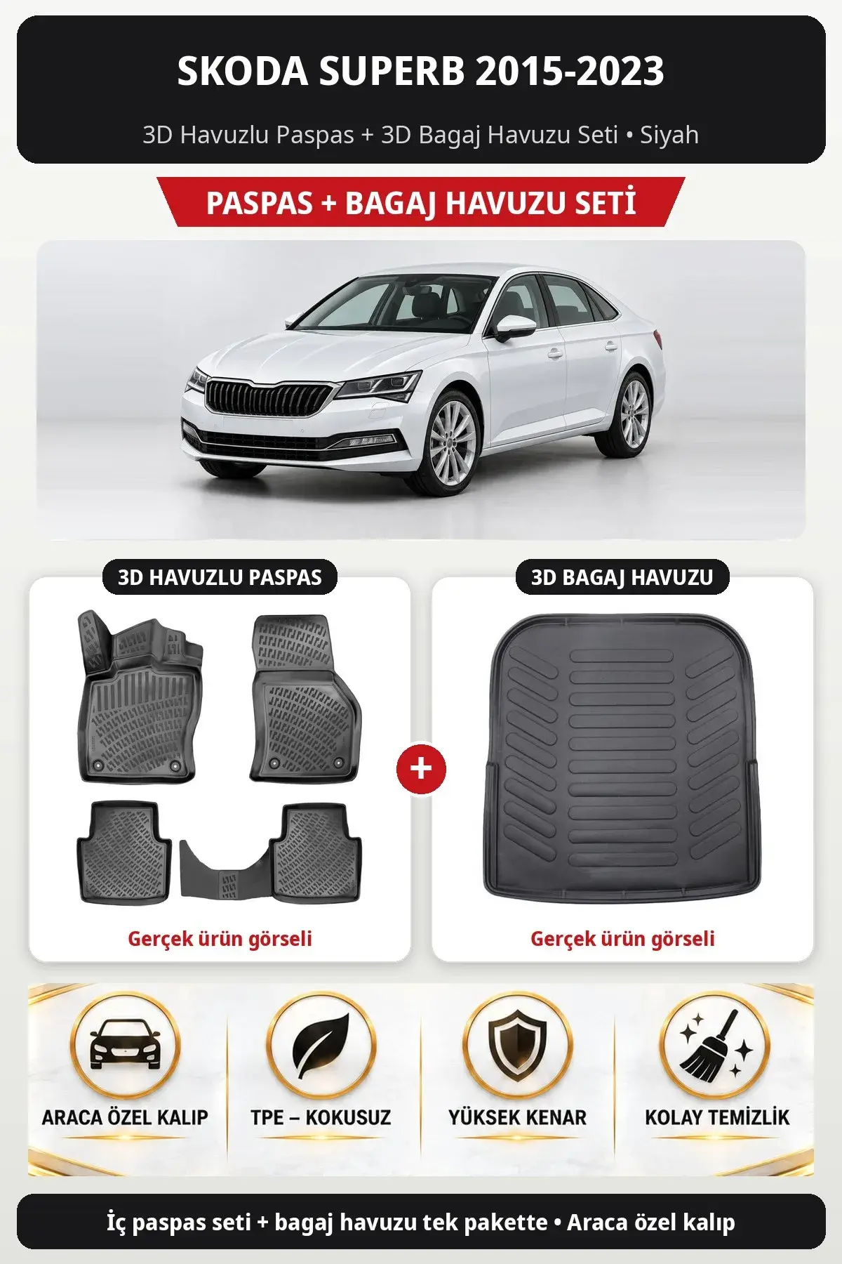 Skoda Superb 2015-2023 3D Havuzlu Paspas + 3D Bagaj Havuzu Seti Siyah (1)