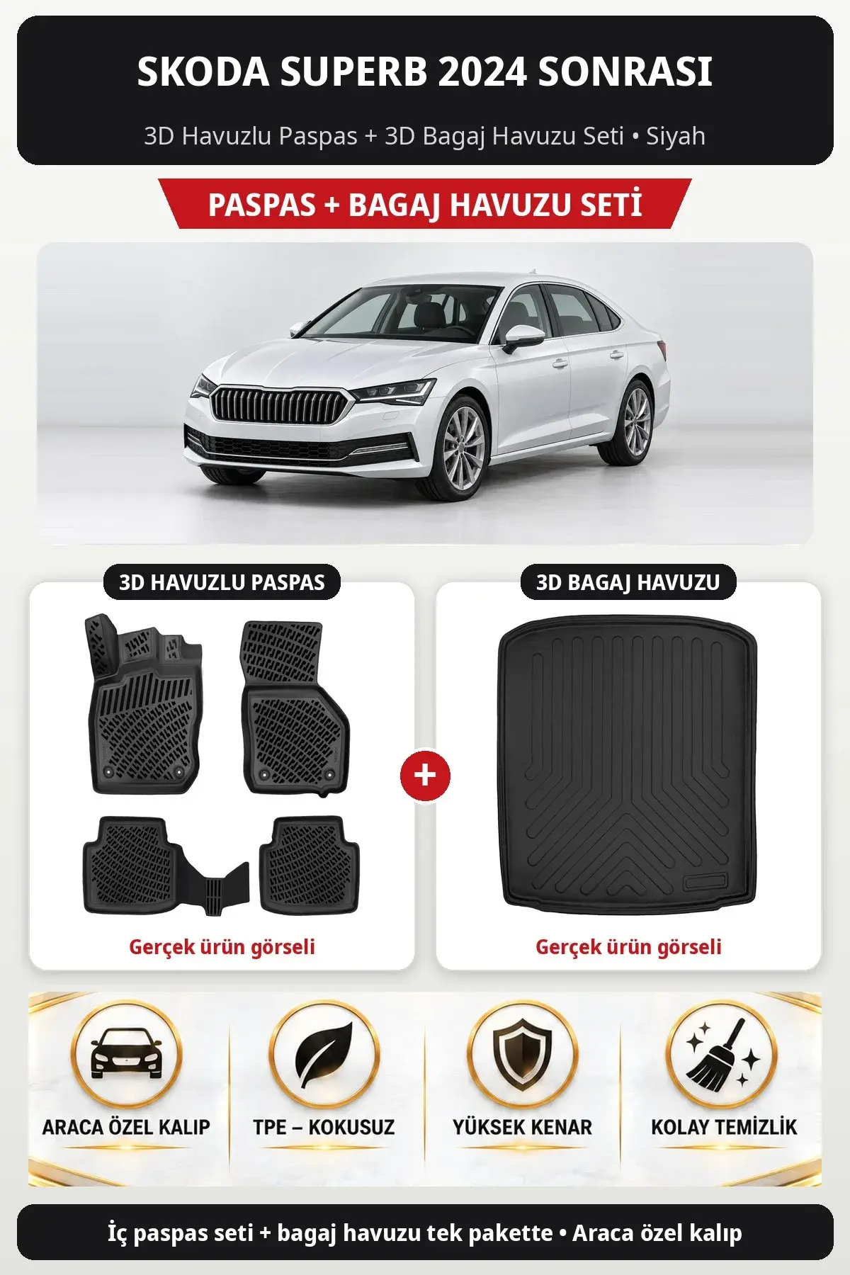 Skoda Superb 2024 Sonrası 3D Havuzlu Paspas + 3D Bagaj Havuzu Seti Siyah (1)