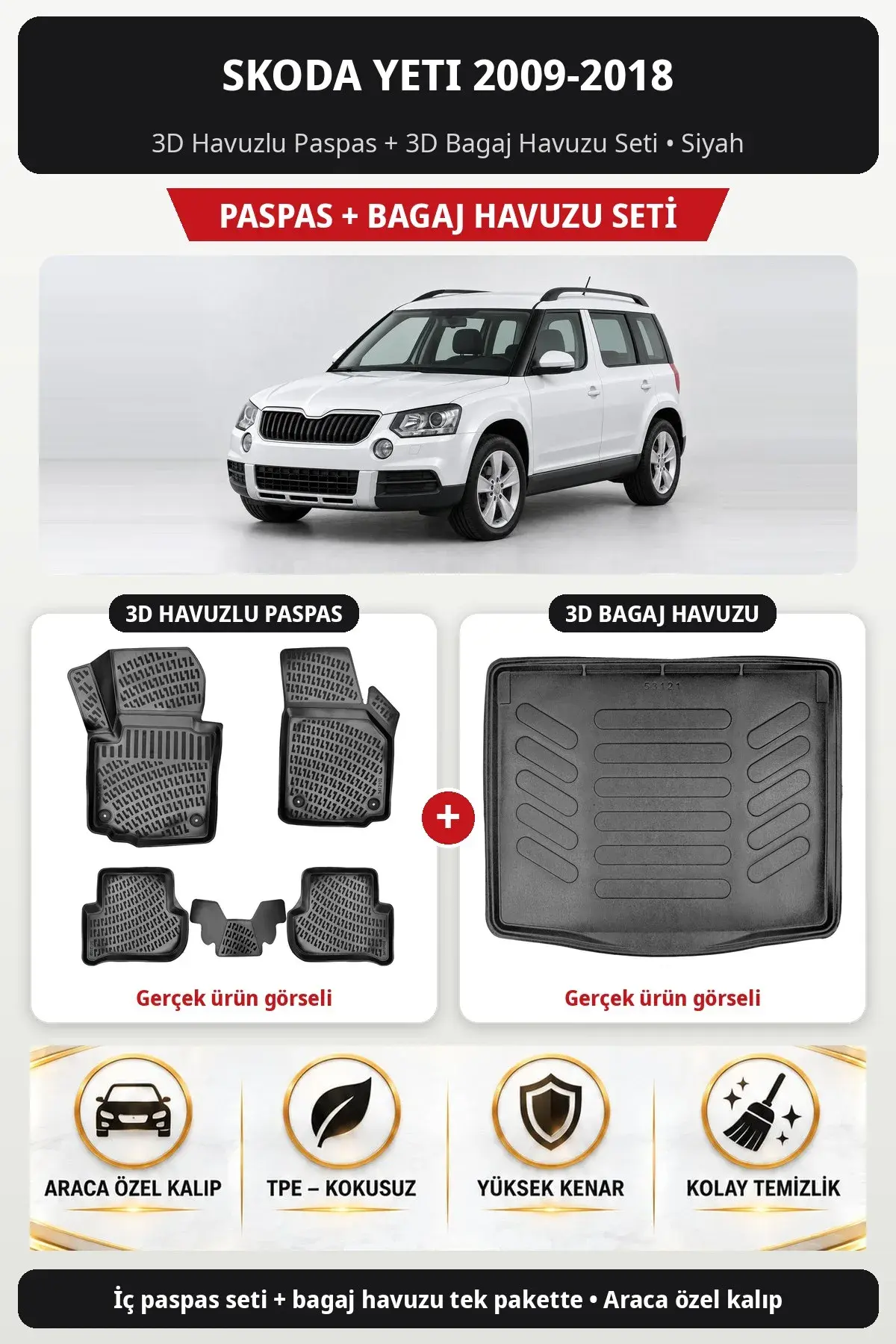 Skoda Yeti 2009-2018 3D Havuzlu Paspas + 3D Bagaj Havuzu Seti Siyah (1)