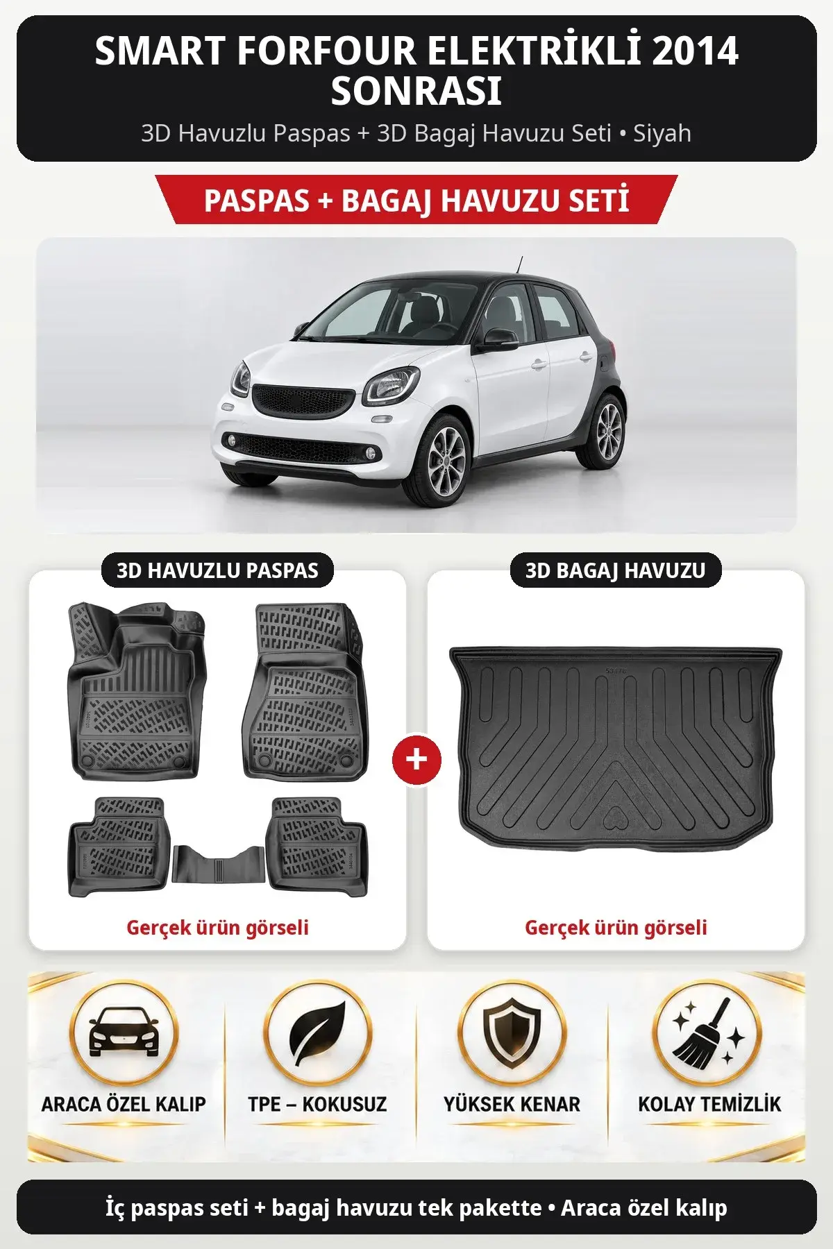 Smart Forfour Elektrikli 2014 Sonrası 3D Havuzlu Paspas + 3D Bagaj Havuzu Seti Siyah (1)