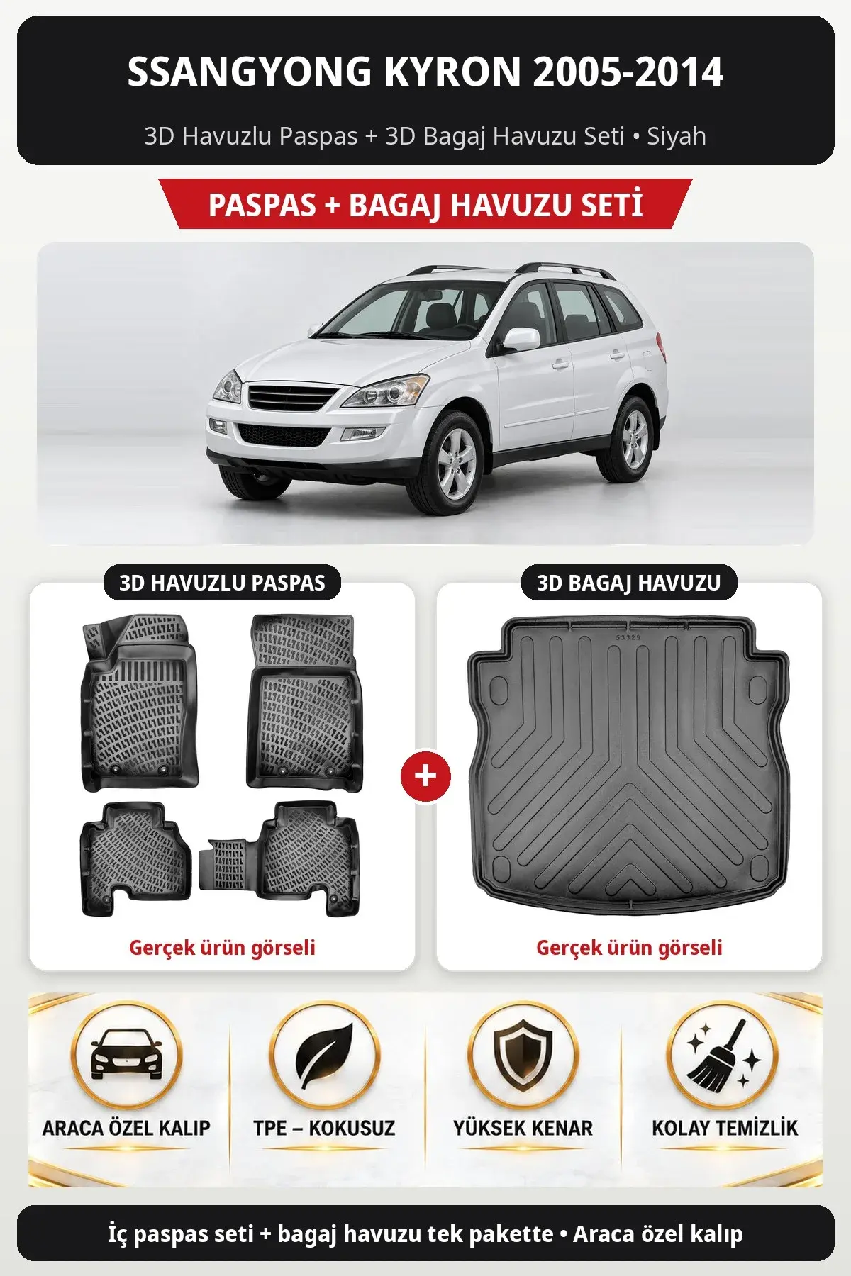 SsangYong Kyron 2005-2014 3D Havuzlu Paspas + 3D Bagaj Havuzu Seti Siyah (1)