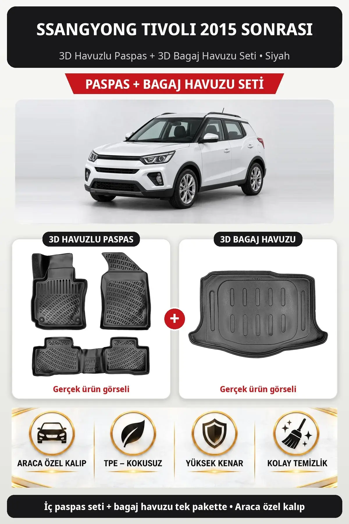 SsangYong Tivoli 2015 Sonrası 3D Havuzlu Paspas + 3D Bagaj Havuzu Seti Siyah (1)