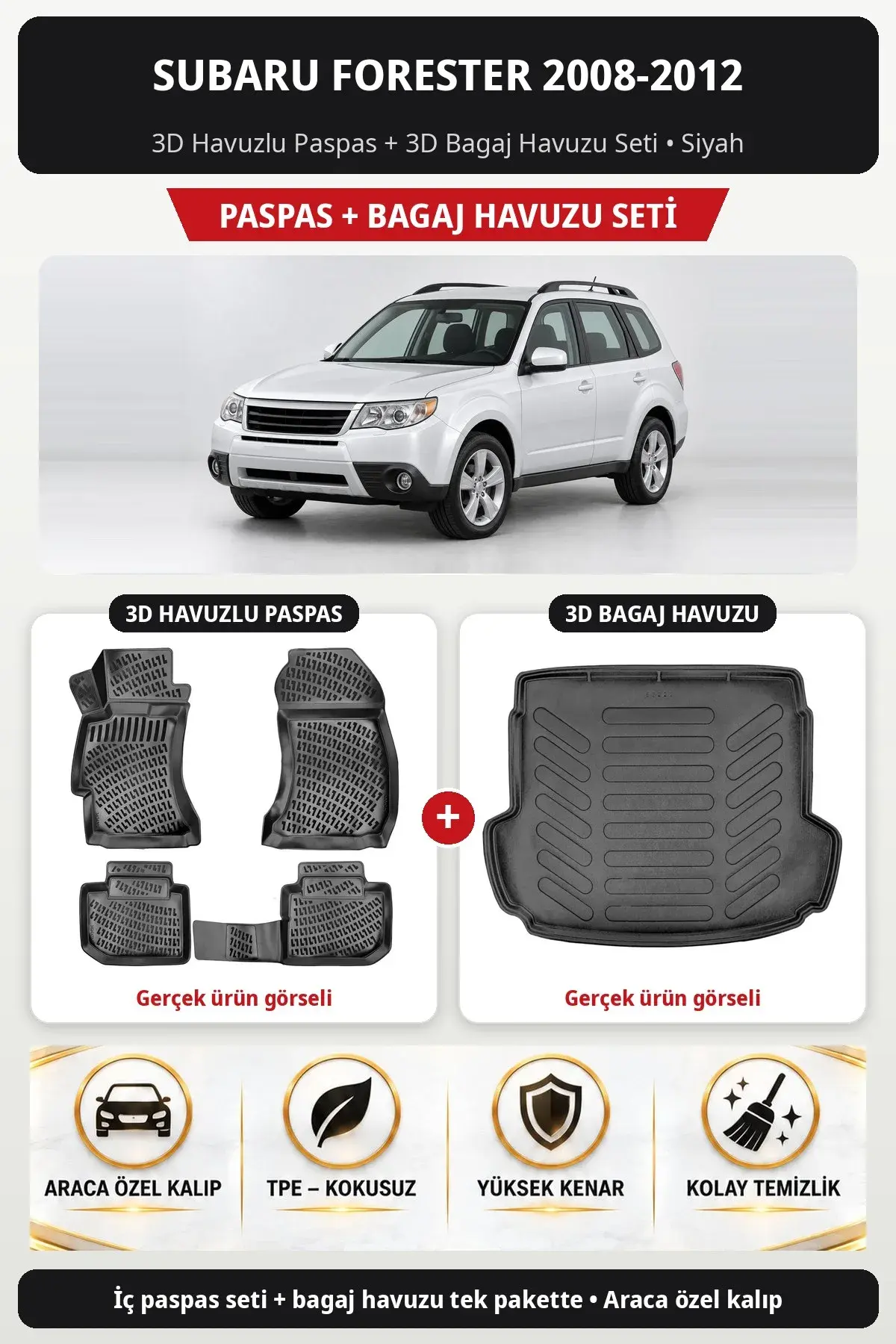 Subaru Forester 2008-2012 3D Havuzlu Paspas + 3D Bagaj Havuzu Seti Siyah (1)
