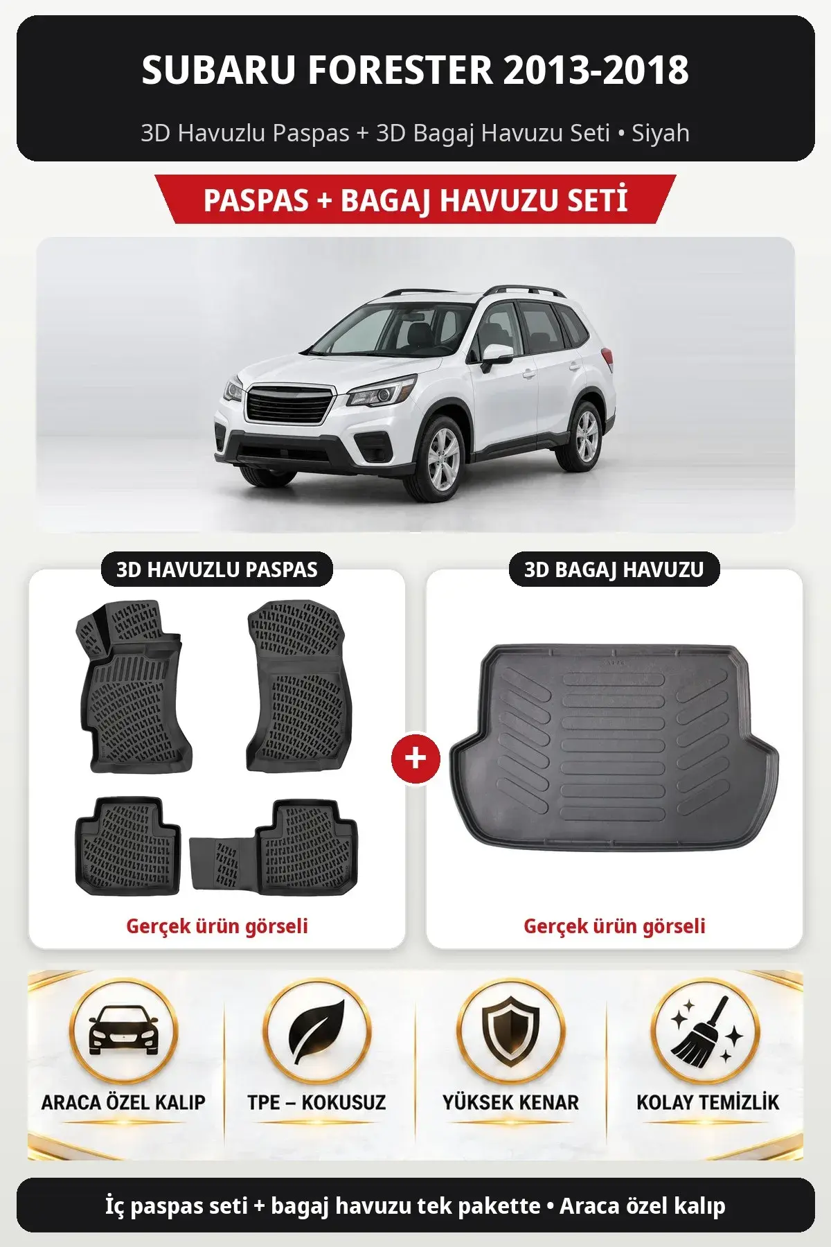 Subaru Forester 2013-2018 3D Havuzlu Paspas + 3D Bagaj Havuzu Seti Siyah (1)