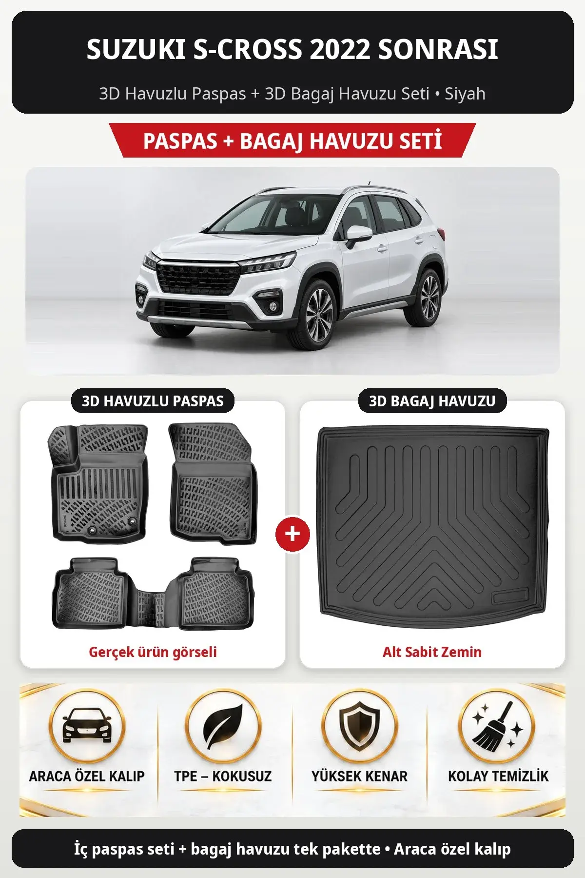 Suzuki S-Cross 2022 Sonrası 3D Havuzlu Paspas + 3D Bagaj Havuzu Seti (Alt Sabit Zemin) Siyah (1)