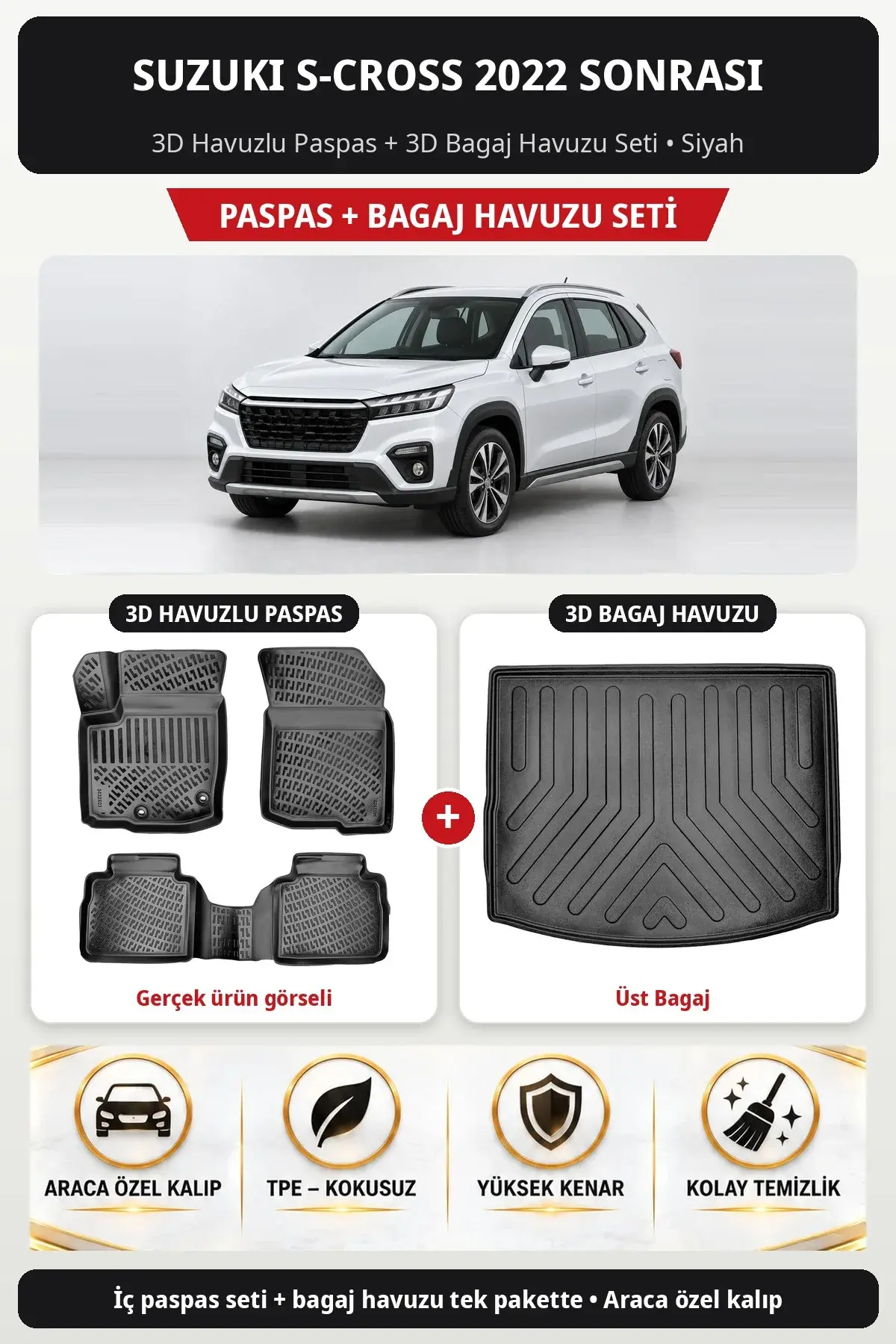Suzuki S-Cross 2022 Sonrası 3D Havuzlu Paspas + 3D Bagaj Havuzu Seti (Üst Bagaj) Siyah (1)