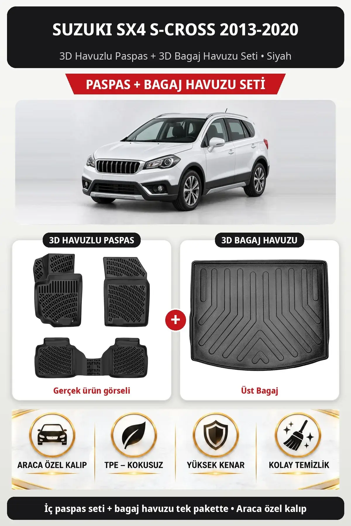 Suzuki SX4 S-Cross 2013-2020 3D Havuzlu Paspas + 3D Bagaj Havuzu Seti (Üst Bagaj) Siyah (1)
