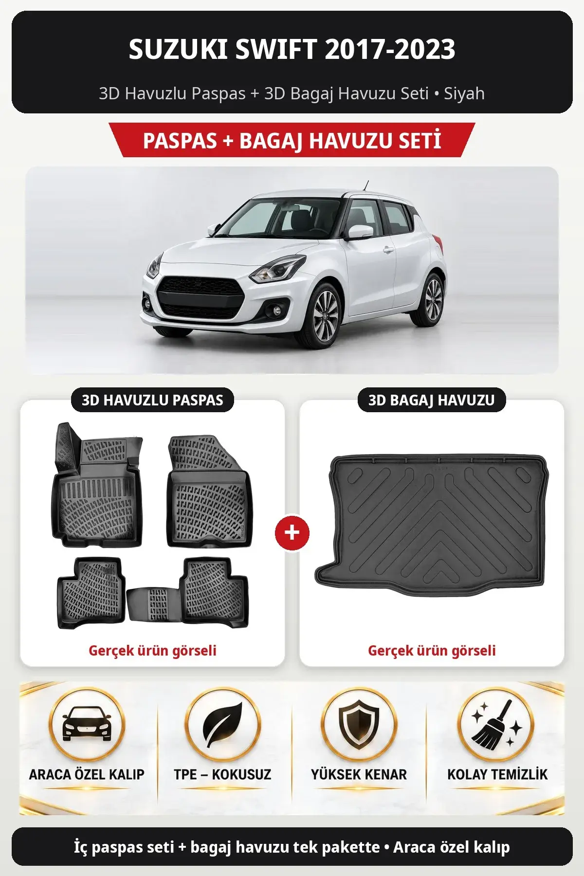 Suzuki Swift 2017-2023 3D Havuzlu Paspas + 3D Bagaj Havuzu Seti Siyah (1)