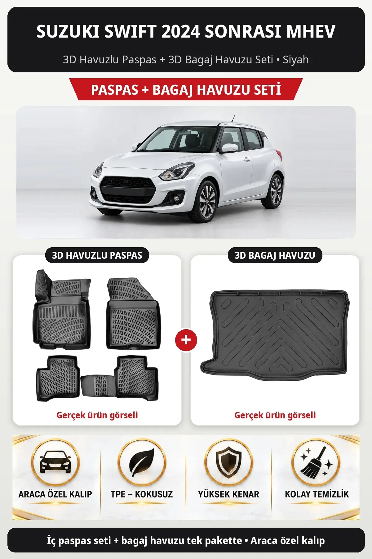Suzuki Swift 2024 Sonrası Mhev 3D Havuzlu Paspas + 3D Bagaj Havuzu Seti Siyah (1)