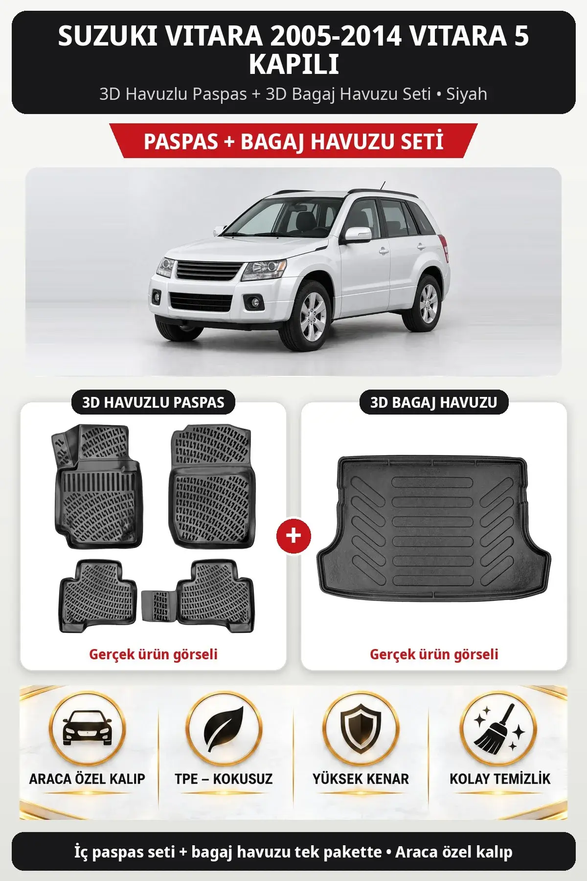 Suzuki Vitara 2005-2014 Vitara 5 Kapılı 3D Havuzlu Paspas + 3D Bagaj Havuzu Seti Siyah (1)