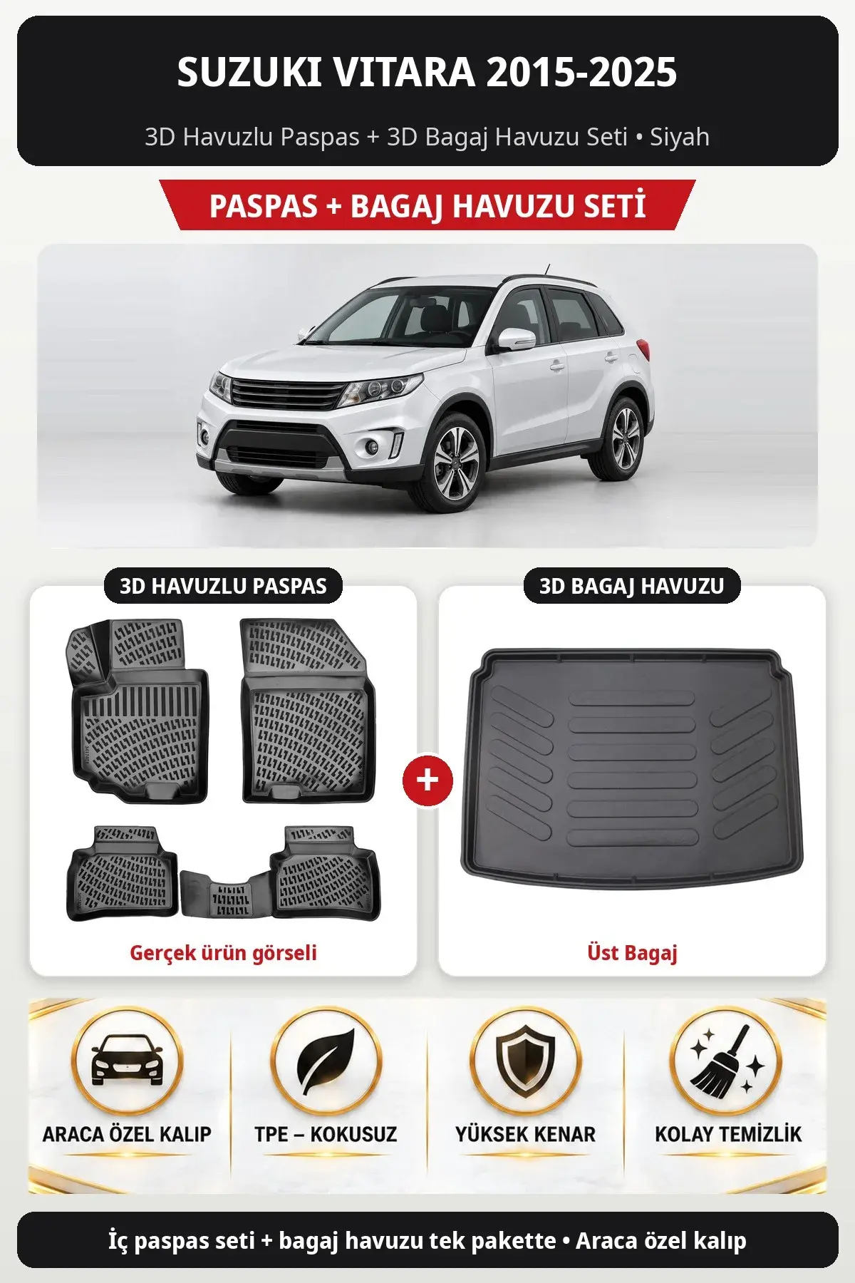 Suzuki Vitara 2015-2025 3D Havuzlu Paspas + 3D Bagaj Havuzu Seti (Üst Bagaj) Siyah (1)