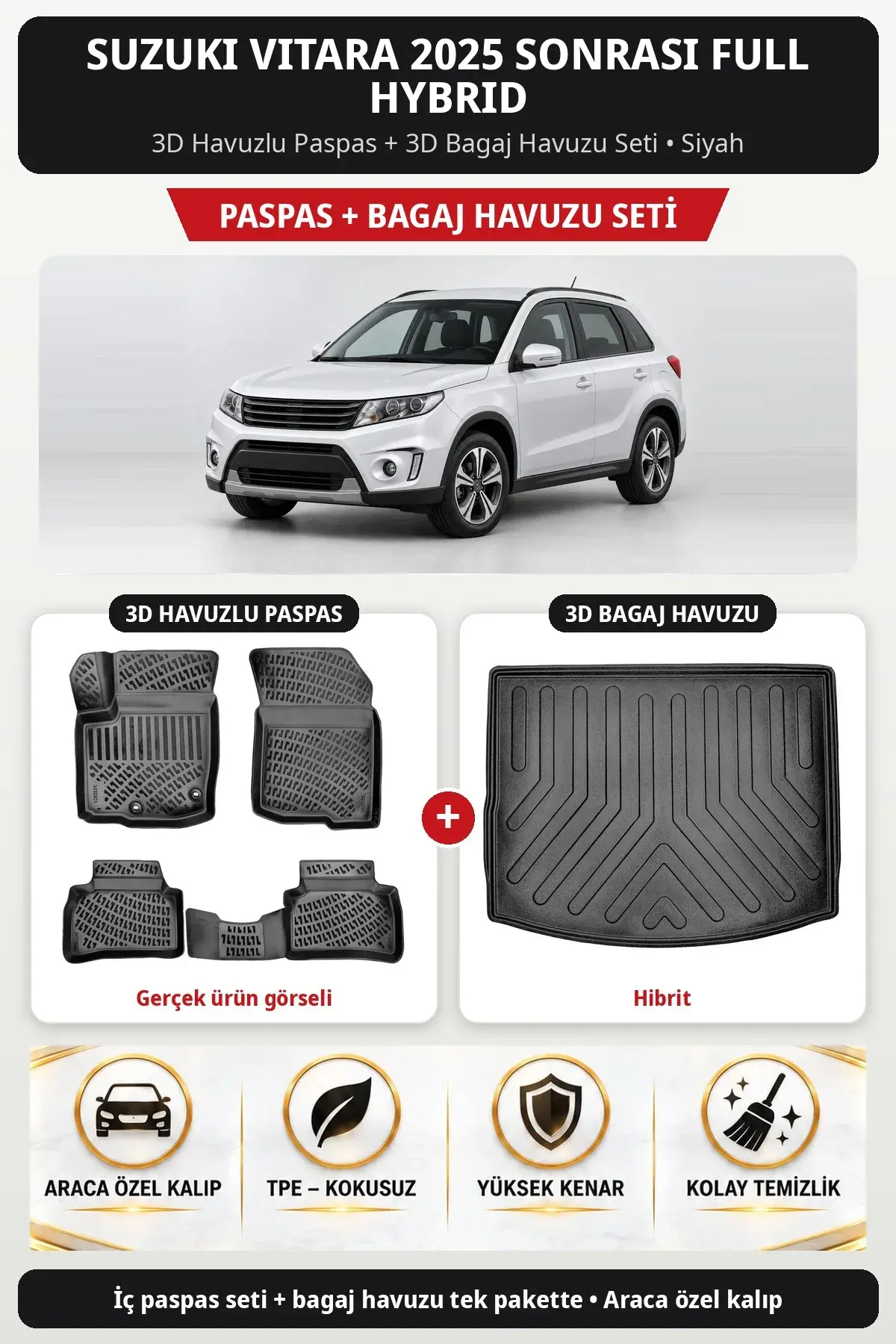 Suzuki Vitara 2025 Sonrası Full Hybrid 3D Havuzlu Paspas + 3D Bagaj Havuzu Seti (Hibrit) Siyah (1)