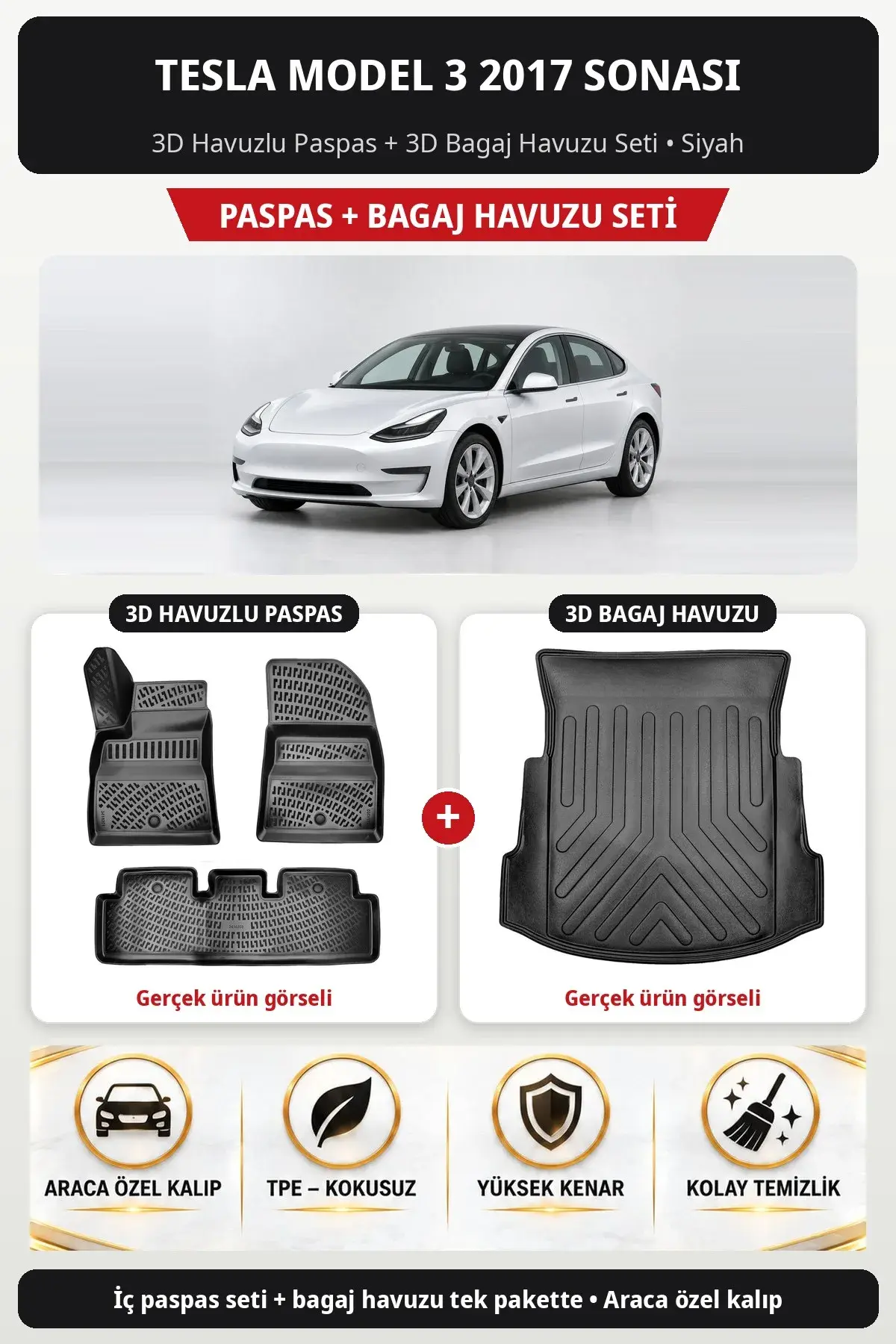 Tesla Model 3 2017 Sonası 3D Havuzlu Paspas + 3D Bagaj Havuzu Seti Siyah (1)