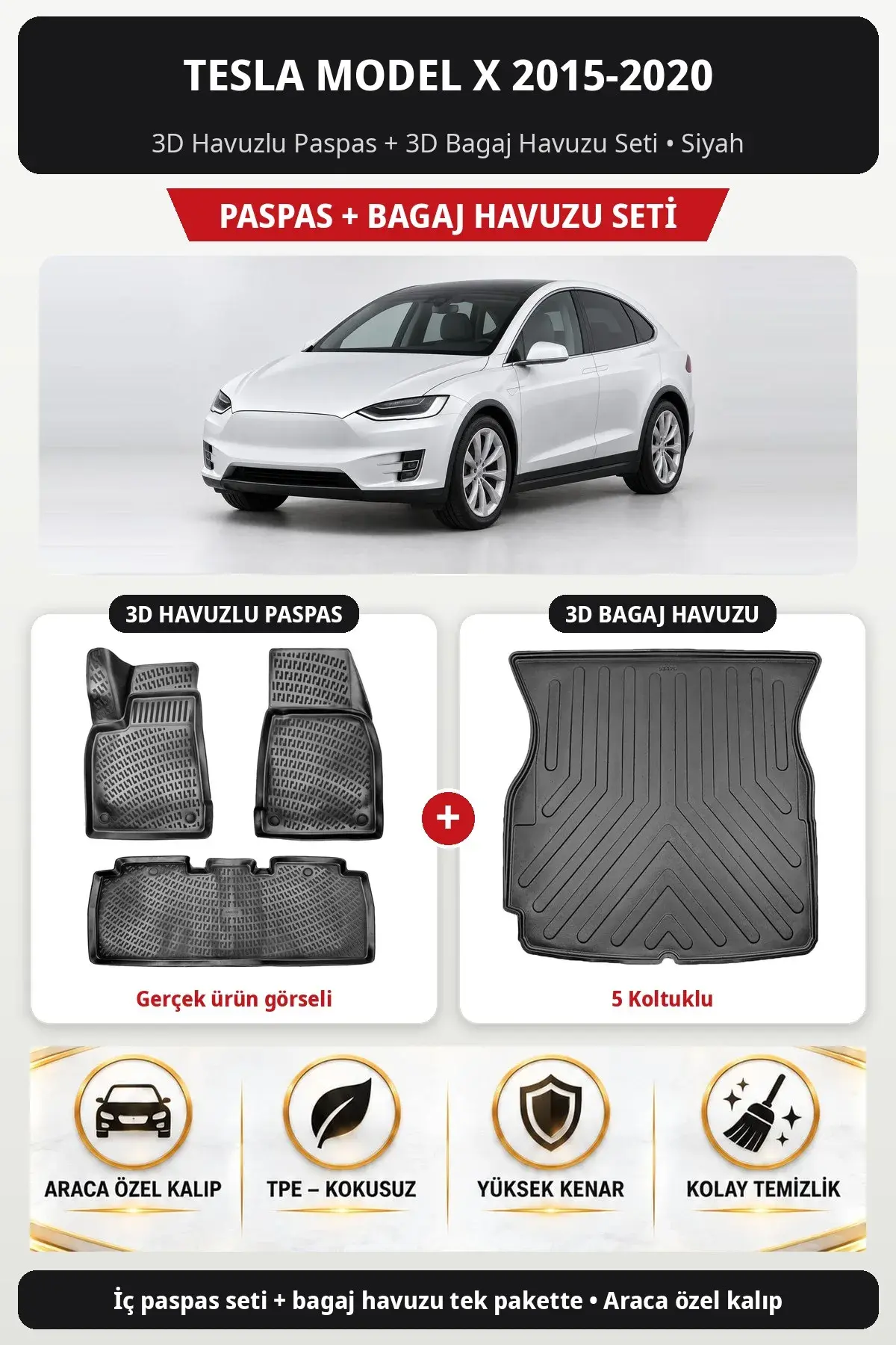 Tesla Model X 2015-2020 3D Havuzlu Paspas + 3D Bagaj Havuzu Seti (5 Koltuklu) Siyah (1)