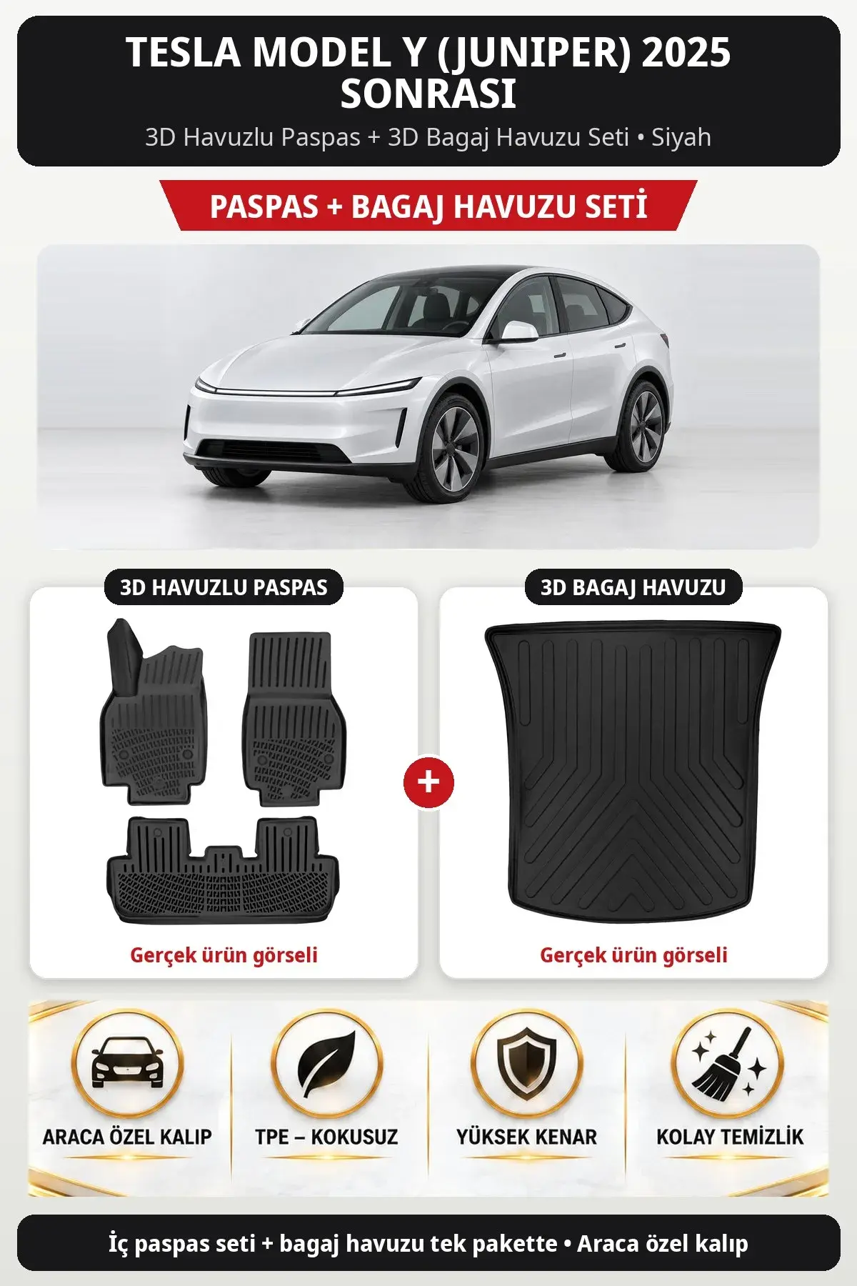 Tesla Model Y (Juniper) 2025 Sonrası 3D Havuzlu Paspas + 3D Bagaj Havuzu Seti Siyah (1)