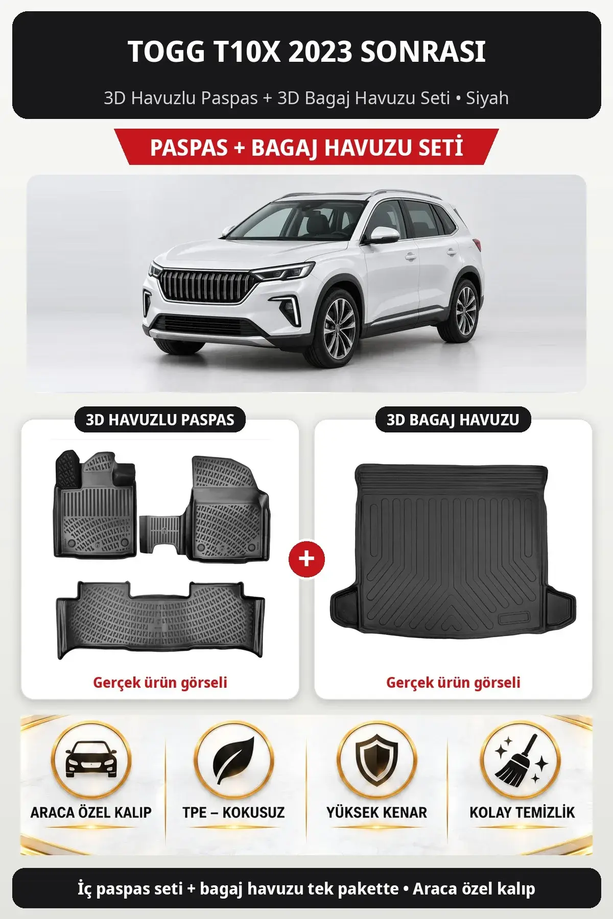 Togg T10X 2023 Sonrası 3D Havuzlu Paspas + 3D Bagaj Havuzu Seti Siyah (1)