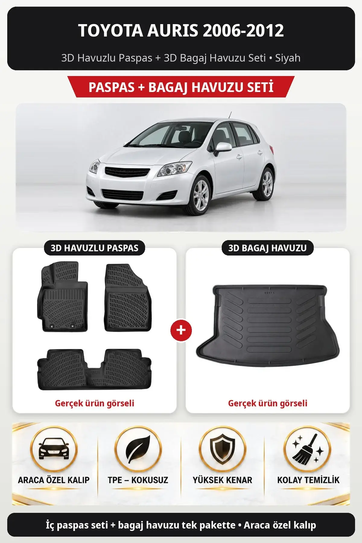 Toyota Auris 2006-2012 3D Havuzlu Paspas + 3D Bagaj Havuzu Seti Siyah (1)