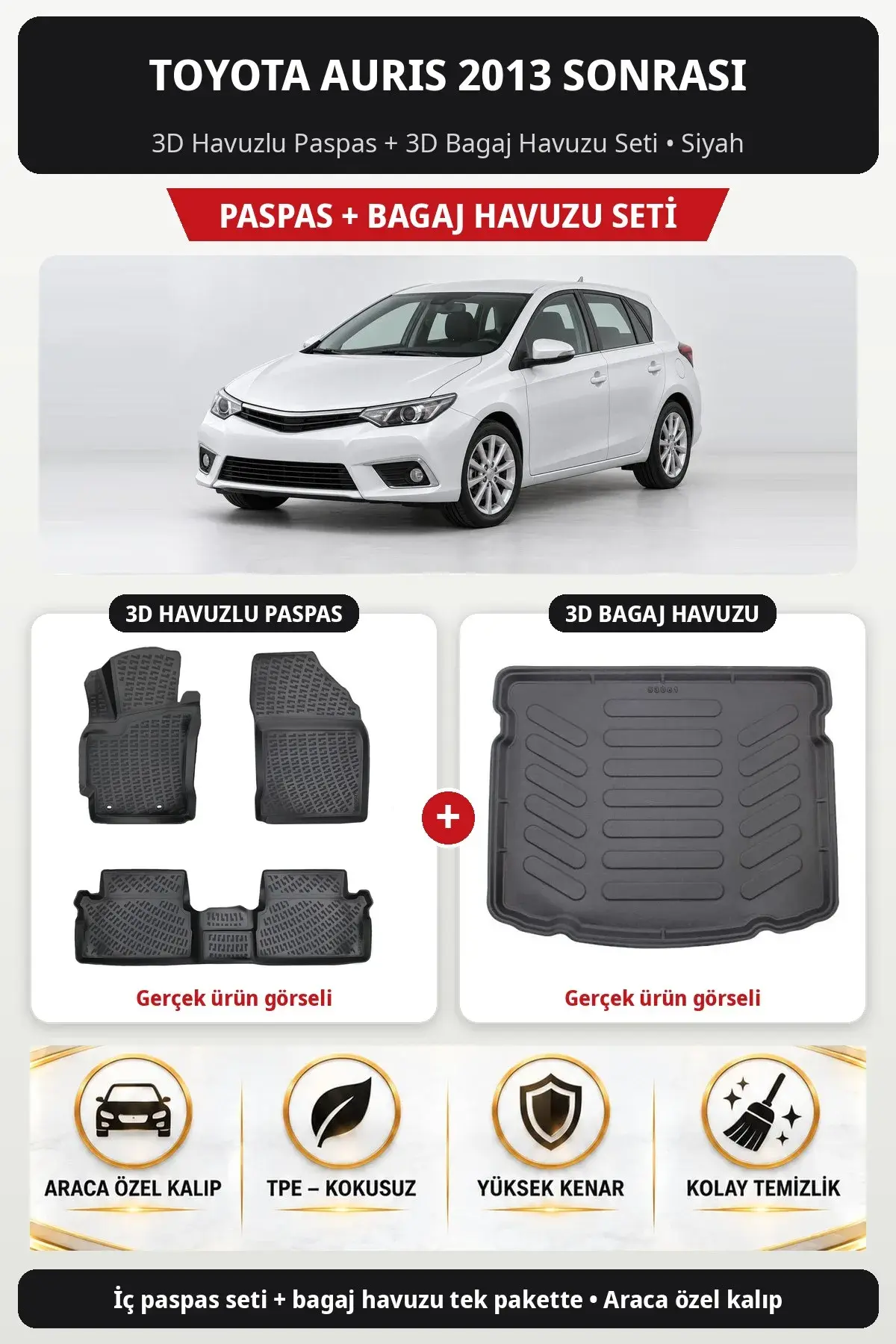 Toyota Auris 2013 Sonrası 3D Havuzlu Paspas + 3D Bagaj Havuzu Seti Siyah (1)