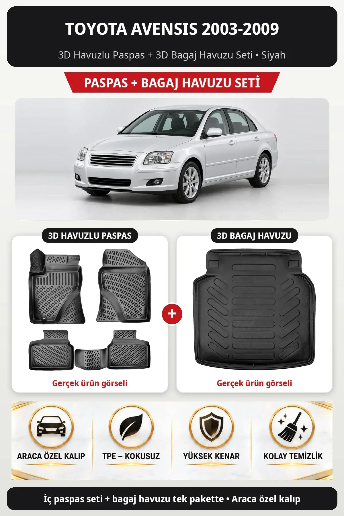 Toyota Avensis 2003-2009 3D Havuzlu Paspas + 3D Bagaj Havuzu Seti Siyah (1)