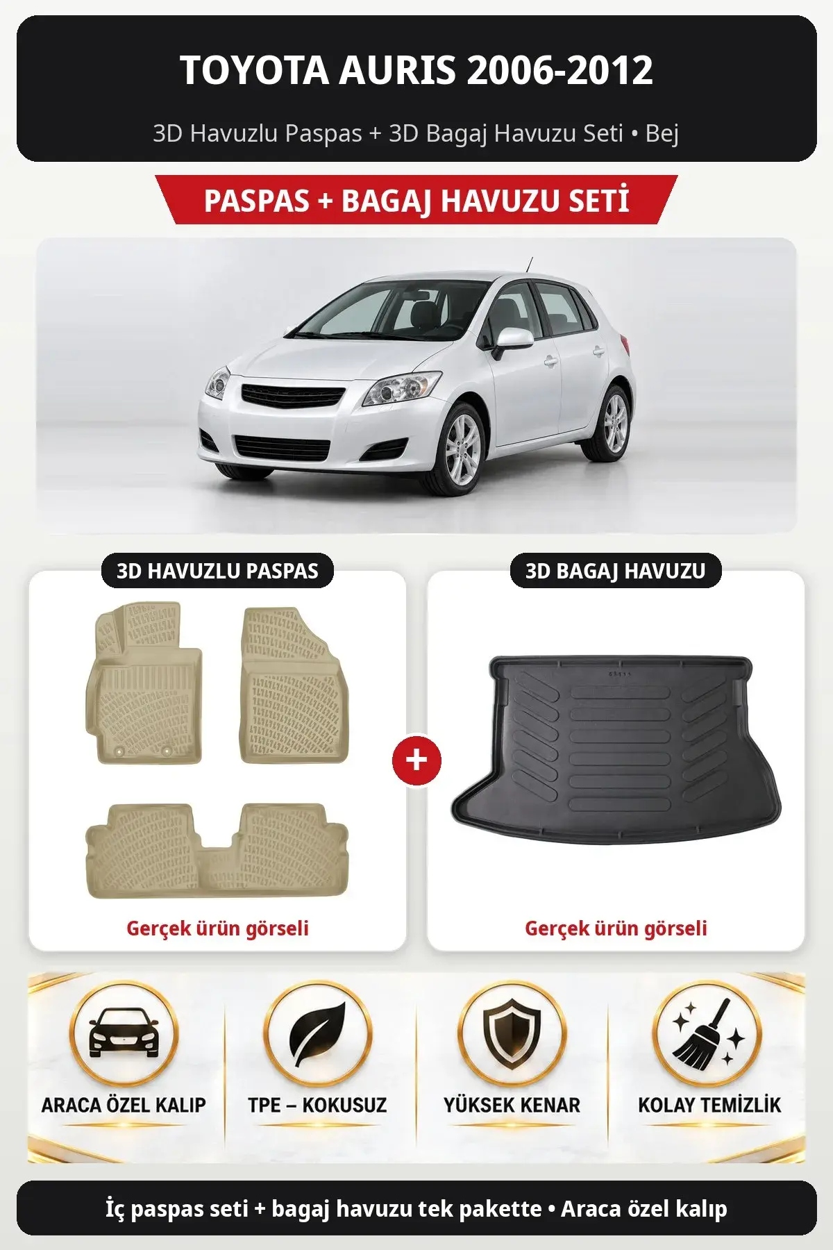 Toyota Auris 2006-2012 3D Havuzlu Paspas + 3D Bagaj Havuzu Seti Bej (1)
