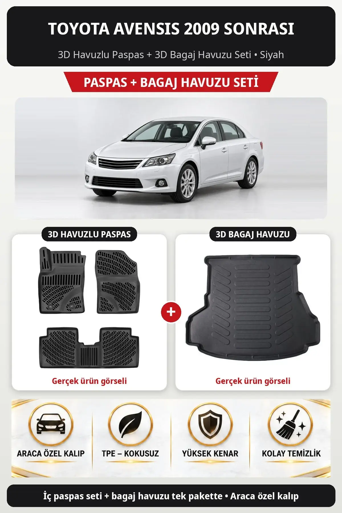 Toyota Avensis 2009 Sonrası 3D Havuzlu Paspas + 3D Bagaj Havuzu Seti Siyah (1)