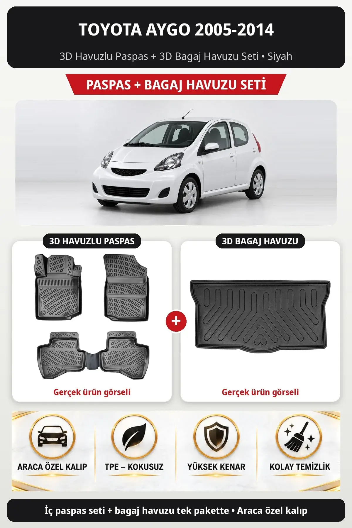Toyota Aygo 2005-2014 3D Havuzlu Paspas + 3D Bagaj Havuzu Seti Siyah (1)