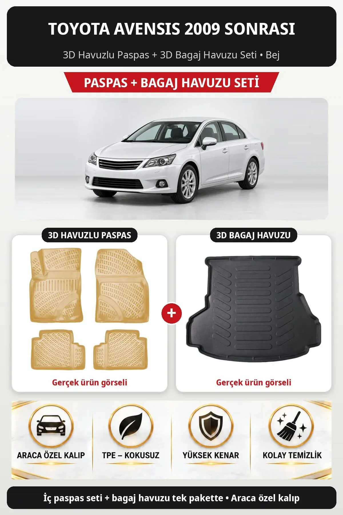 Toyota Avensis 2009 Sonrası 3D Havuzlu Paspas + 3D Bagaj Havuzu Seti Bej (1)