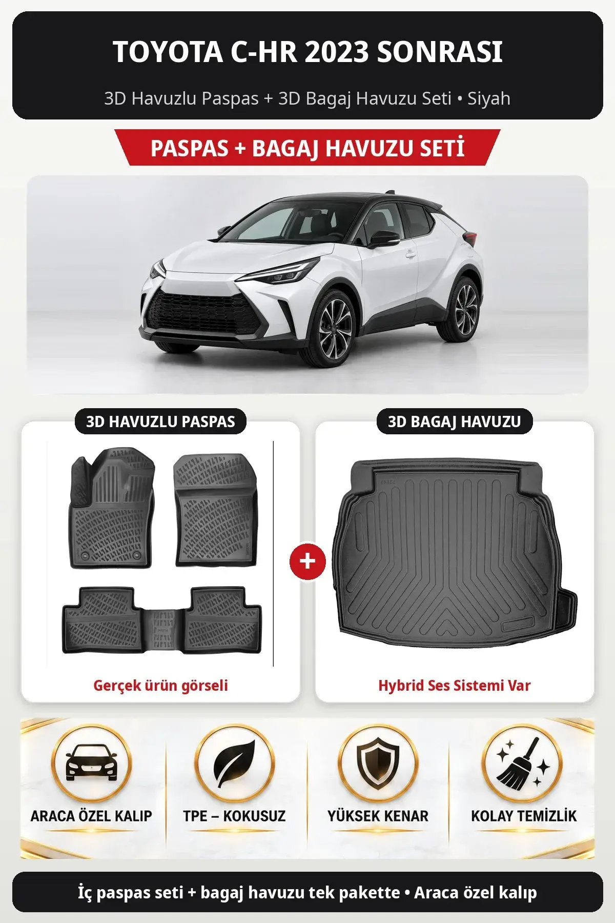 Toyota C-HR 2023 Sonrası 3D Havuzlu Paspas + 3D Bagaj Havuzu Seti (Hybrid Ses Sistemi Var) Siyah (1)