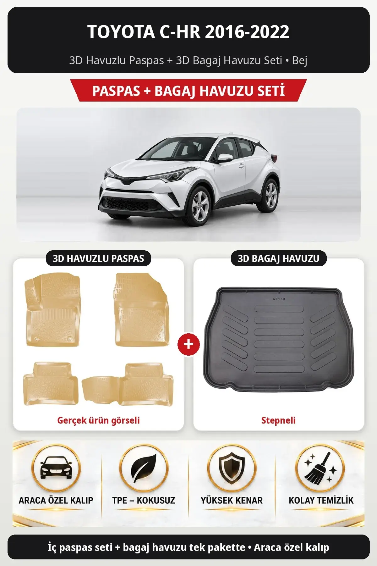 Toyota C-HR 2016-2022 3D Havuzlu Paspas + 3D Bagaj Havuzu Seti (Stepneli) Bej (1)