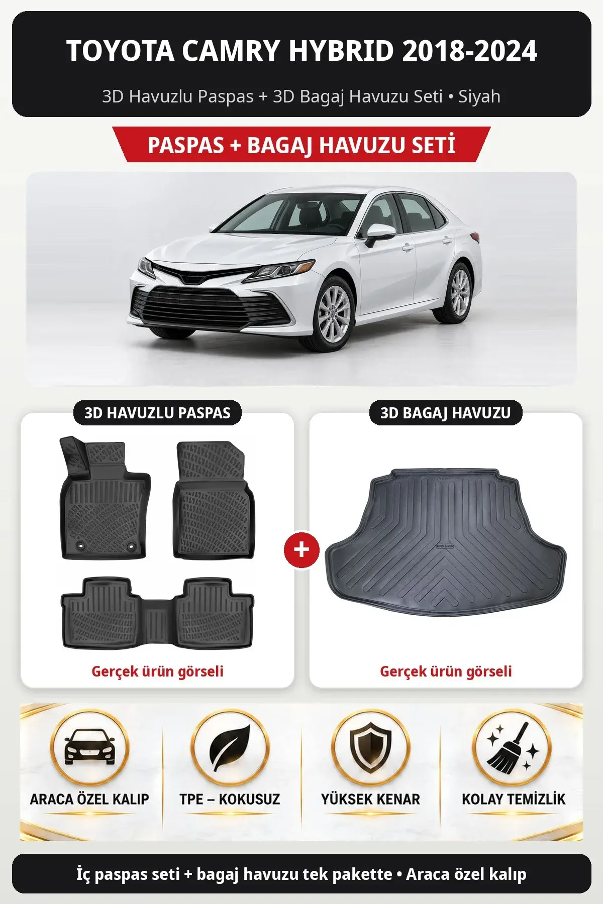 Toyota Camry Hybrid 2018-2024 3D Havuzlu Paspas + 3D Bagaj Havuzu Seti Siyah (1)