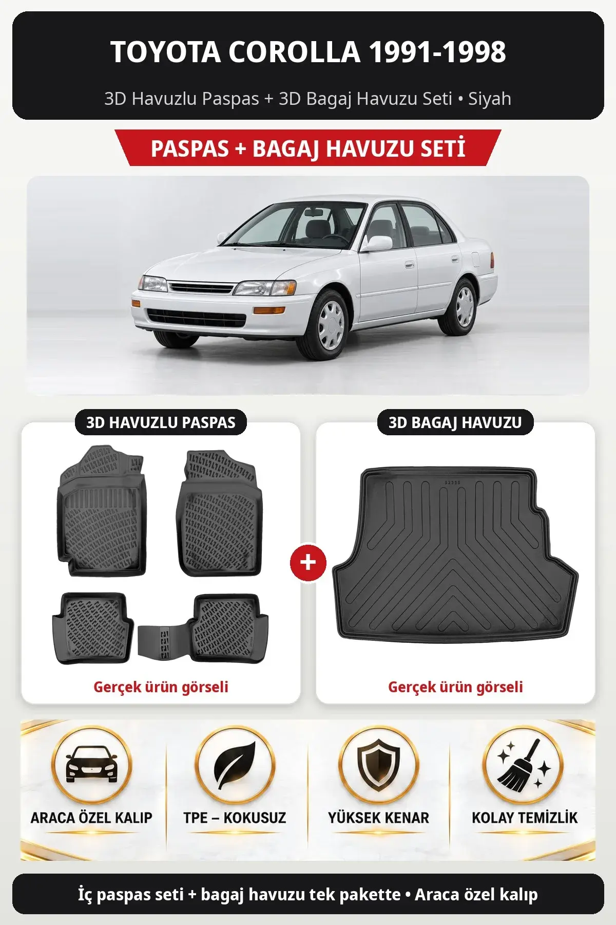 Toyota Corolla 1991-1998 3D Havuzlu Paspas + 3D Bagaj Havuzu Seti Siyah (1)
