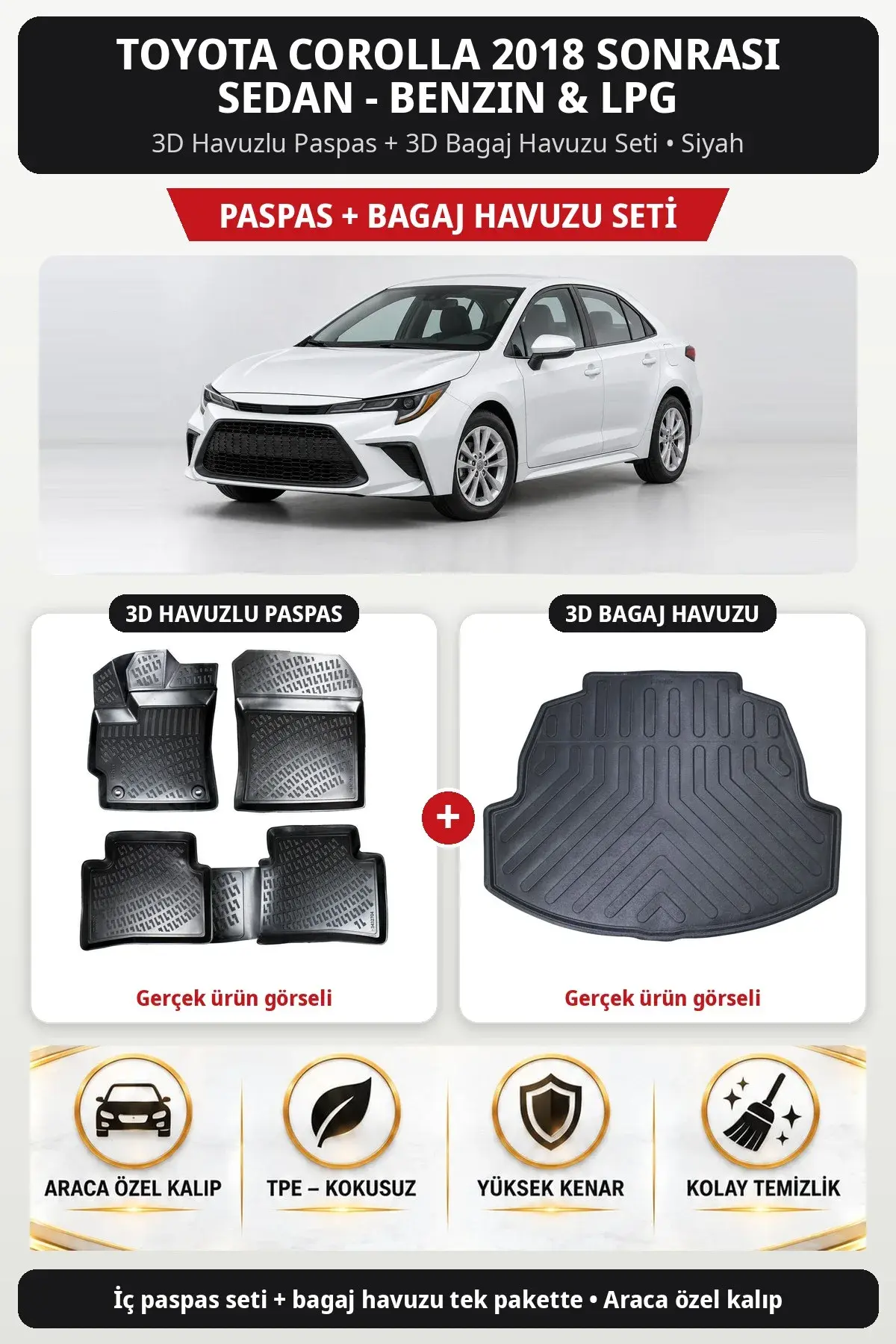 Toyota Corolla 2018 Sonrası Sedan - Benzin & Lpg 3D Havuzlu Paspas + 3D Bagaj Havuzu Seti Siyah (1)