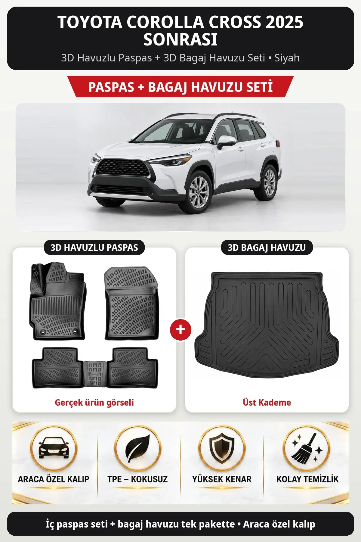Toyota Corolla Cross 2025 Sonrası 3D Havuzlu Paspas + 3D Bagaj Havuzu Seti (Üst Kademe) Siyah (1)