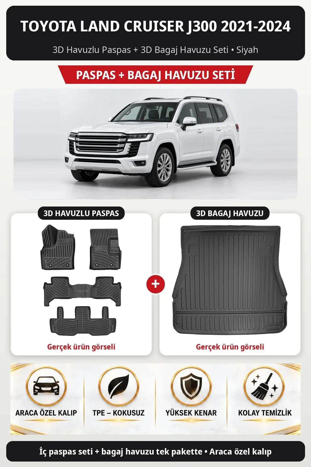 Toyota Land Cruiser J300 2021-2024 3D Havuzlu Paspas + 3D Bagaj Havuzu Seti Siyah (1)