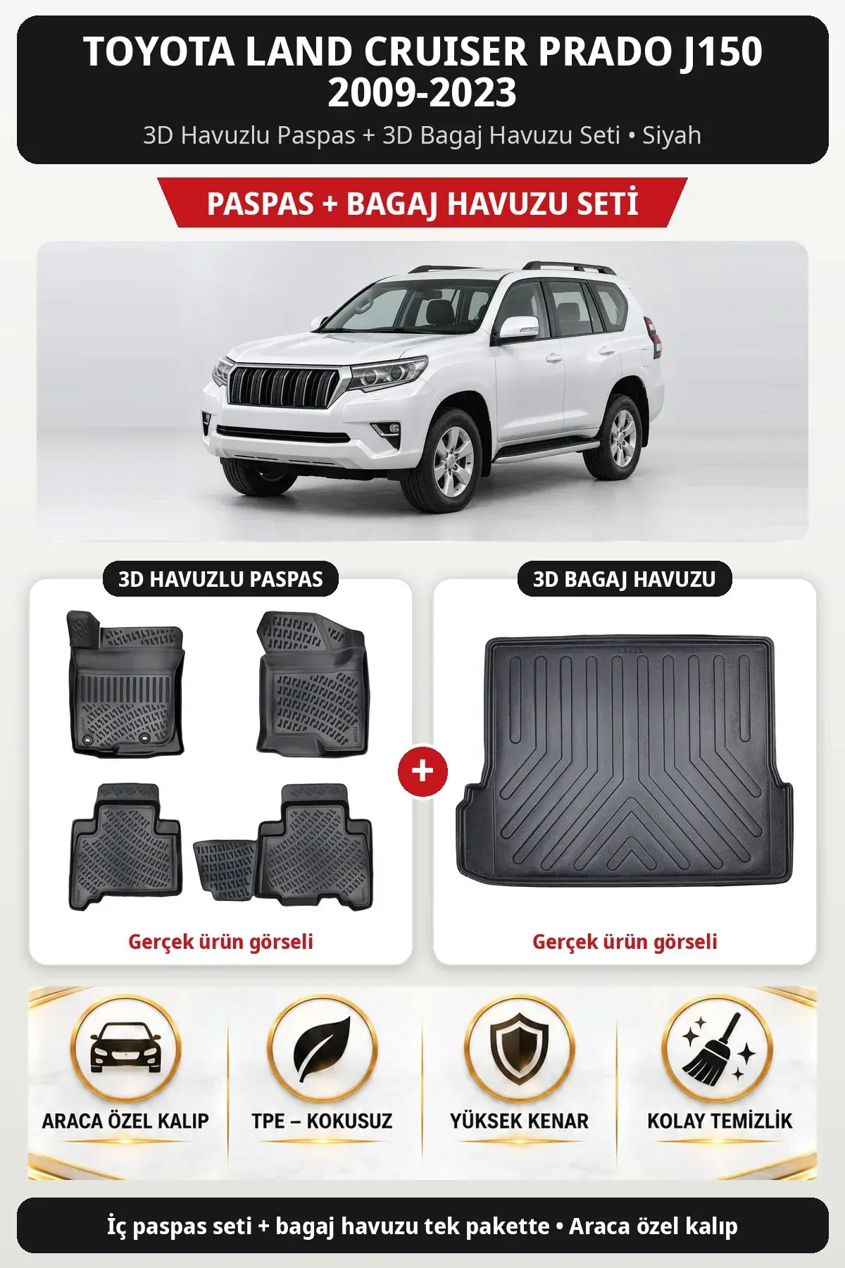 Toyota Land Cruiser Prado J150 2009-2023 3D Havuzlu Paspas + 3D Bagaj Havuzu Seti Bej (1)