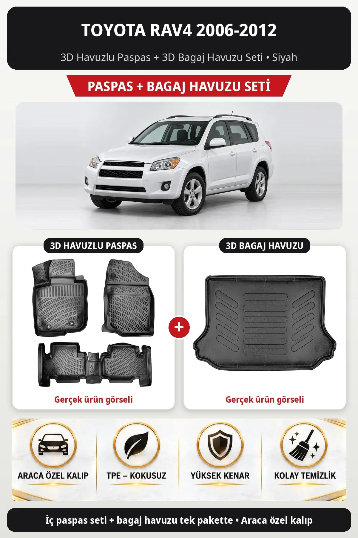 Toyota Rav4 2006-2012 3D Havuzlu Paspas + 3D Bagaj Havuzu Seti Siyah (1)