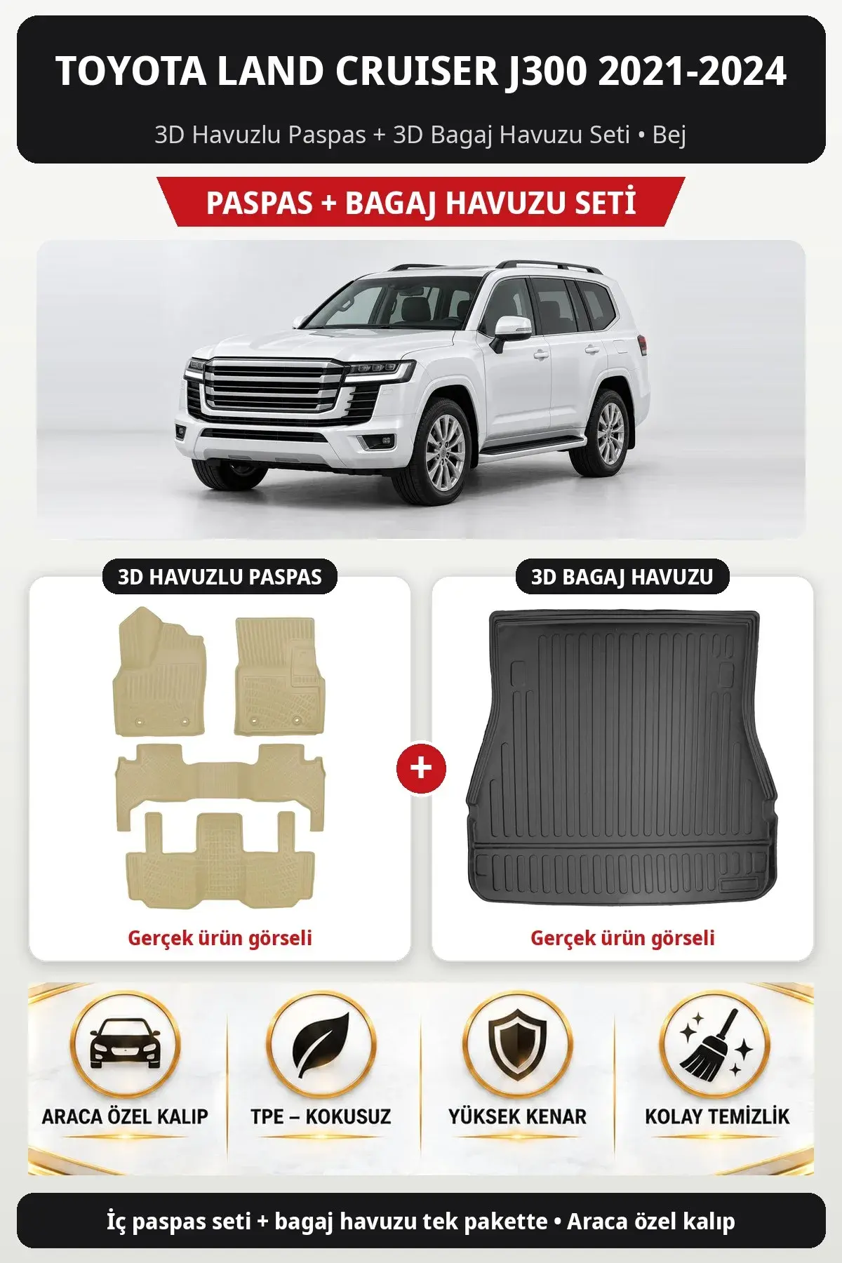 Toyota Land Cruiser J300 2021-2024 3D Havuzlu Paspas + 3D Bagaj Havuzu Seti Bej (1)