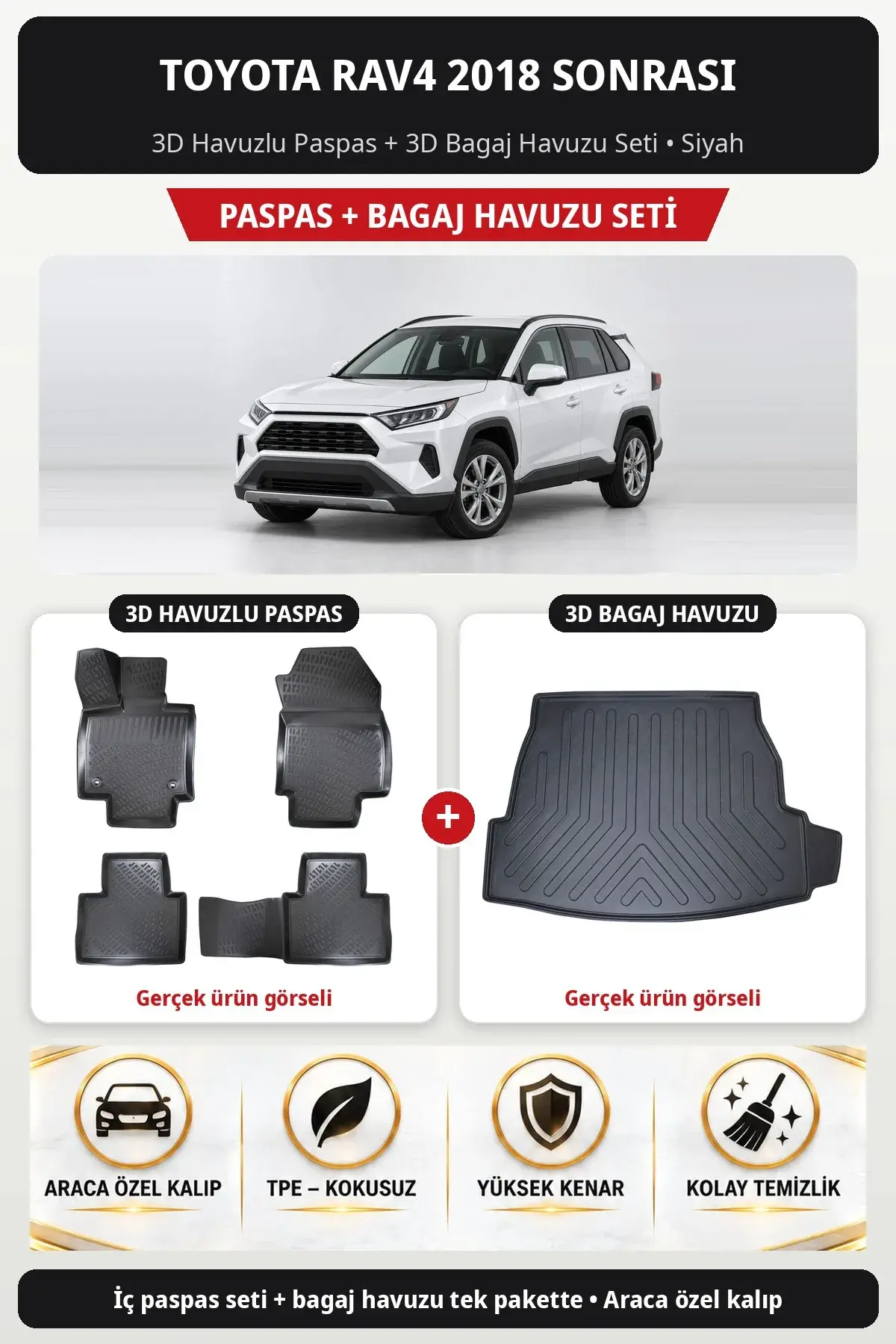 Toyota Rav4 2018 Sonrası 3D Havuzlu Paspas + 3D Bagaj Havuzu Seti Siyah (1)