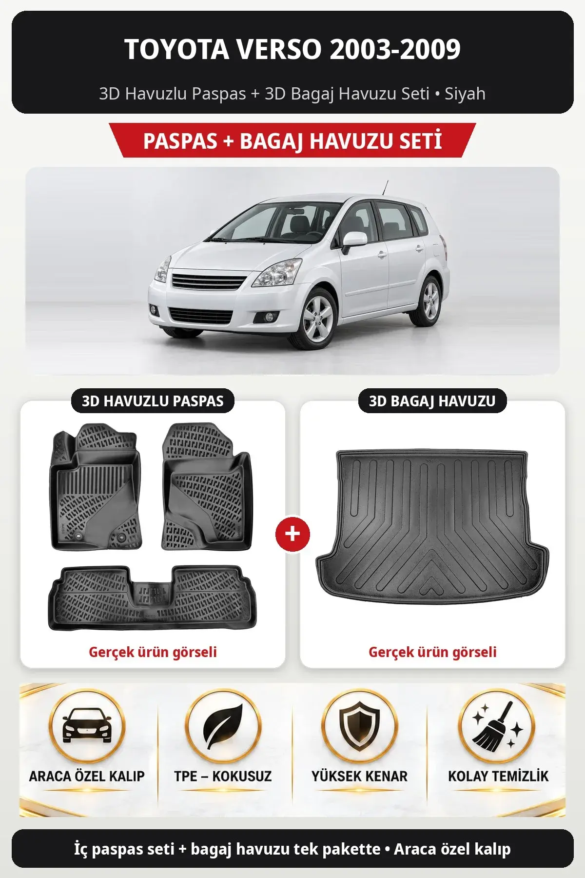 Toyota Verso 2003-2009 3D Havuzlu Paspas + 3D Bagaj Havuzu Seti Siyah (1)