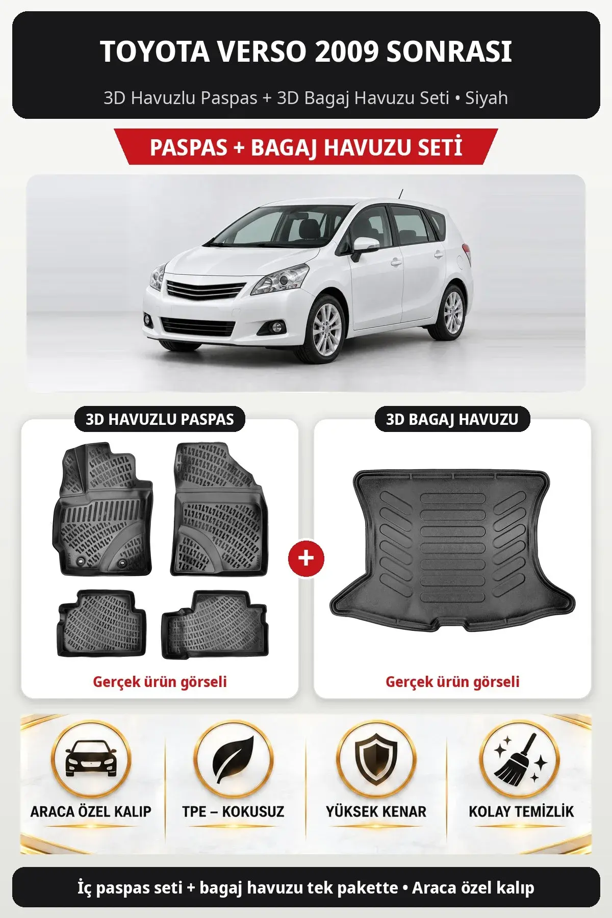 Toyota Verso 2009 Sonrası 3D Havuzlu Paspas + 3D Bagaj Havuzu Seti Siyah (1)