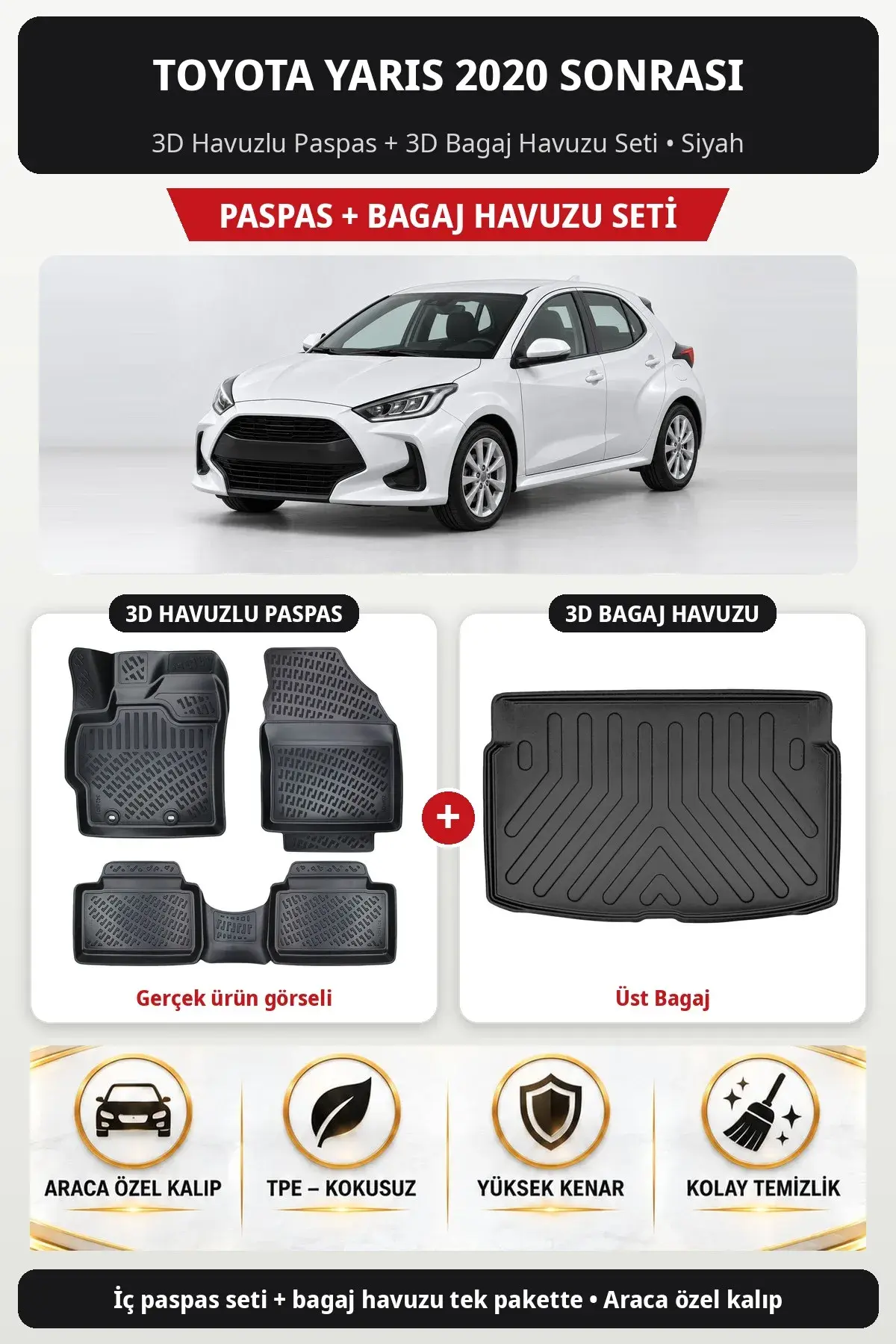 Toyota Yaris 2020 Sonrası 3D Havuzlu Paspas + 3D Bagaj Havuzu Seti (Üst Bagaj) Siyah (1)