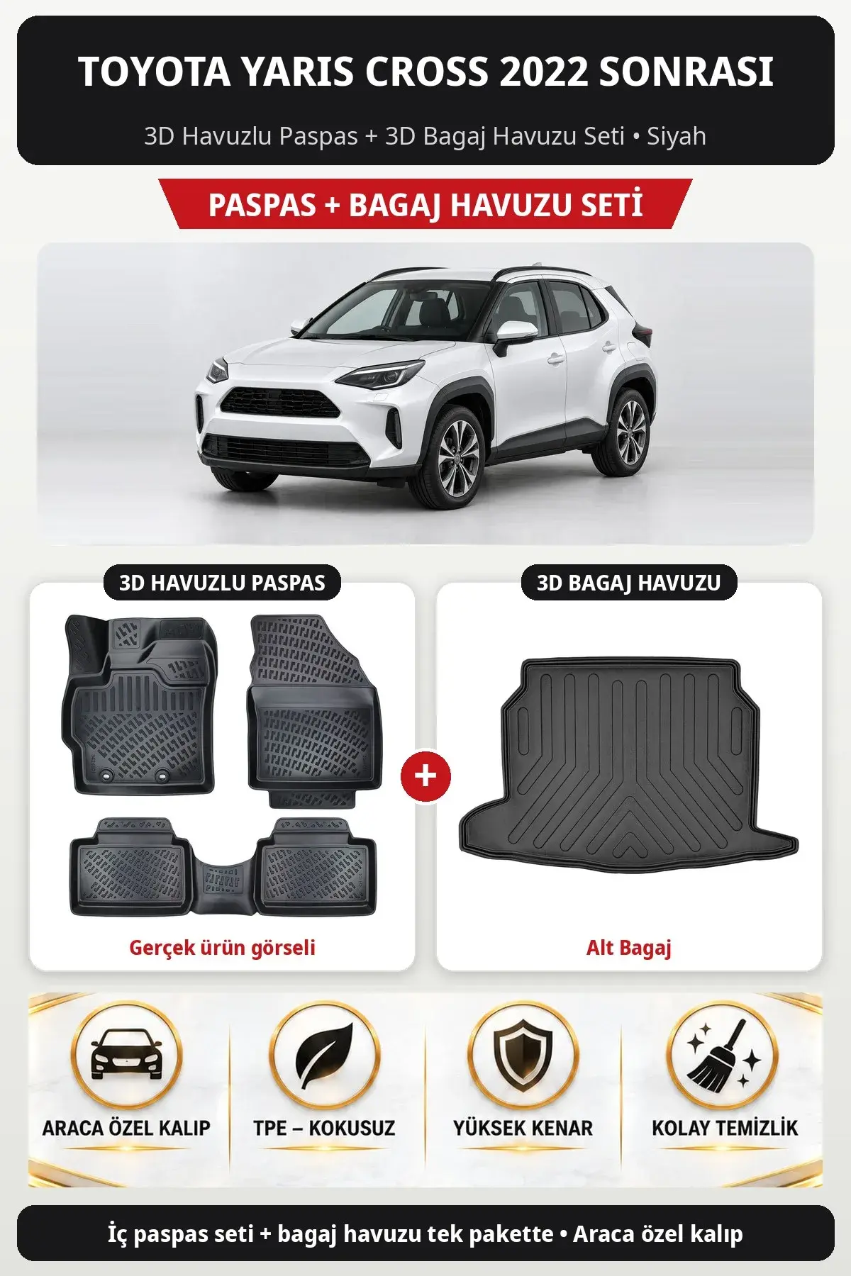 Toyota Yaris Cross 2022 Sonrası 3D Havuzlu Paspas + 3D Bagaj Havuzu Seti (Alt Bagaj) Siyah (1)