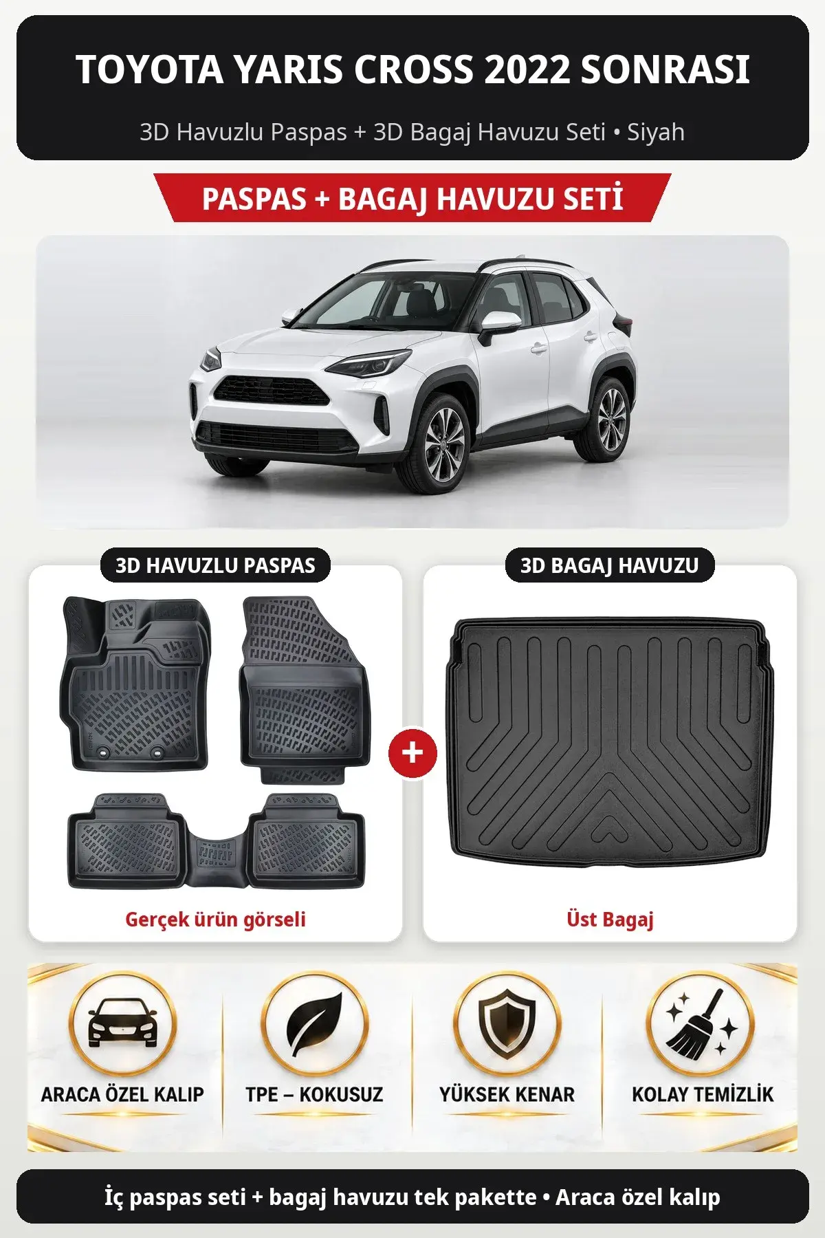 Toyota Yaris Cross 2022 Sonrası 3D Havuzlu Paspas + 3D Bagaj Havuzu Seti (Üst Bagaj) Siyah (1)
