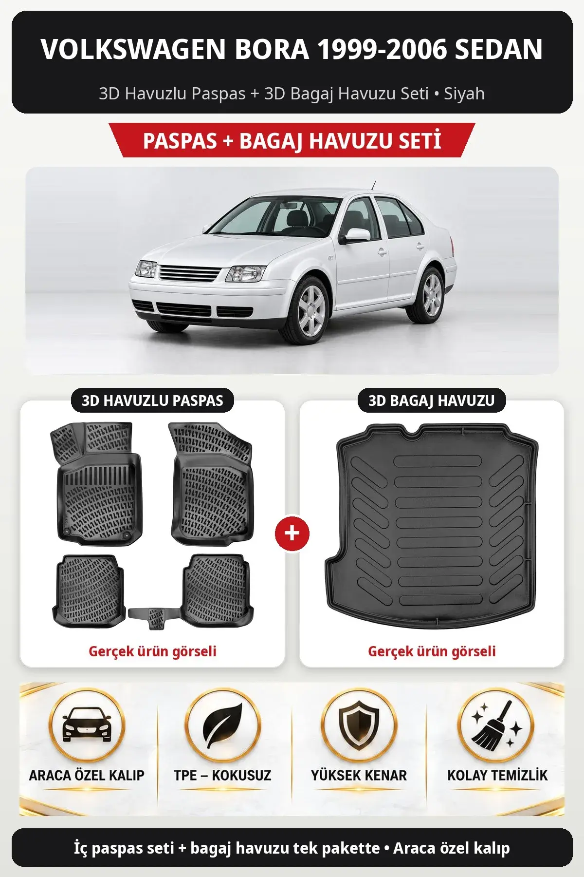 Volkswagen Bora 1999-2006 Sedan 3D Havuzlu Paspas + 3D Bagaj Havuzu Seti Siyah (1)