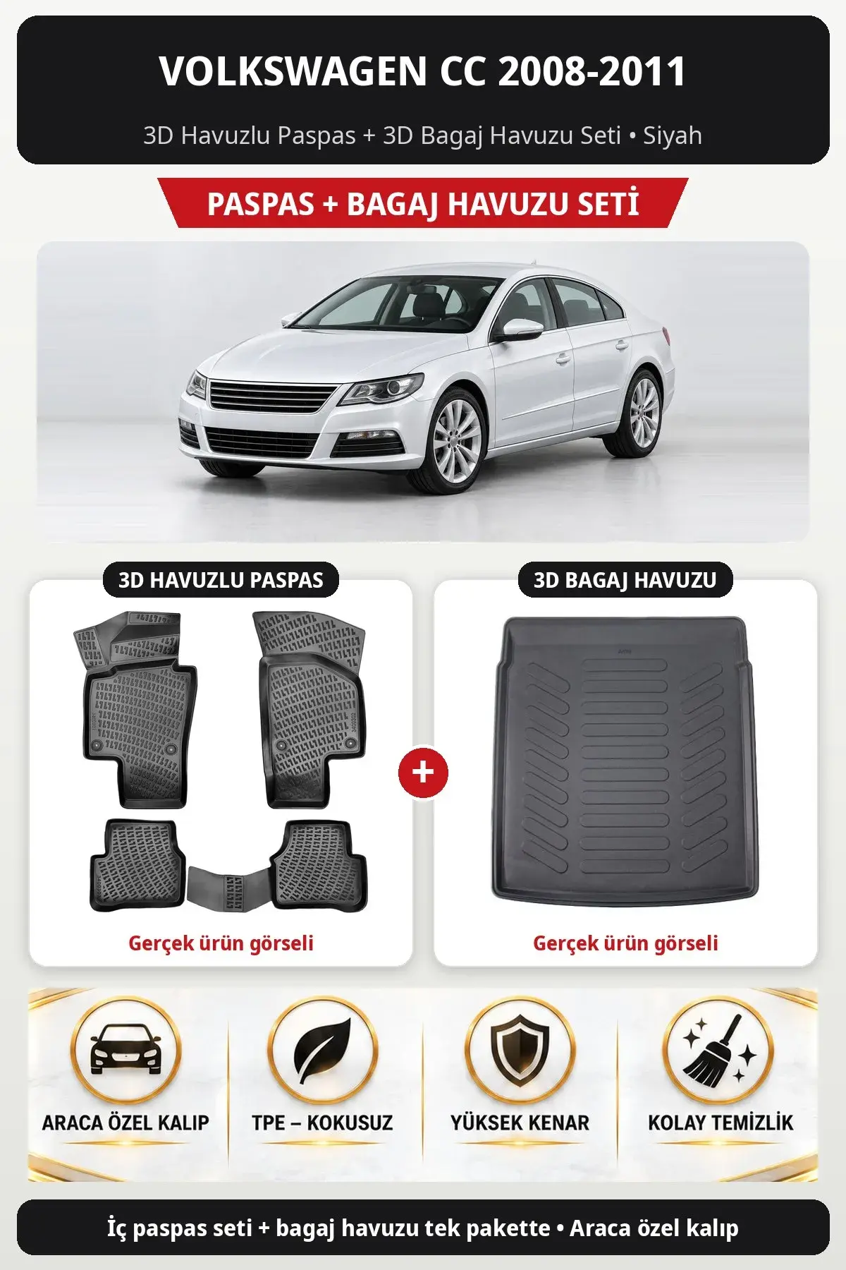 Volkswagen CC 2008-2011 3D Havuzlu Paspas + 3D Bagaj Havuzu Seti Siyah (1)