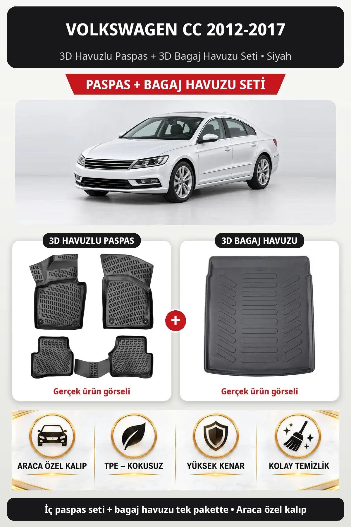 Volkswagen CC 2012-2017 3D Havuzlu Paspas + 3D Bagaj Havuzu Seti Siyah (1)