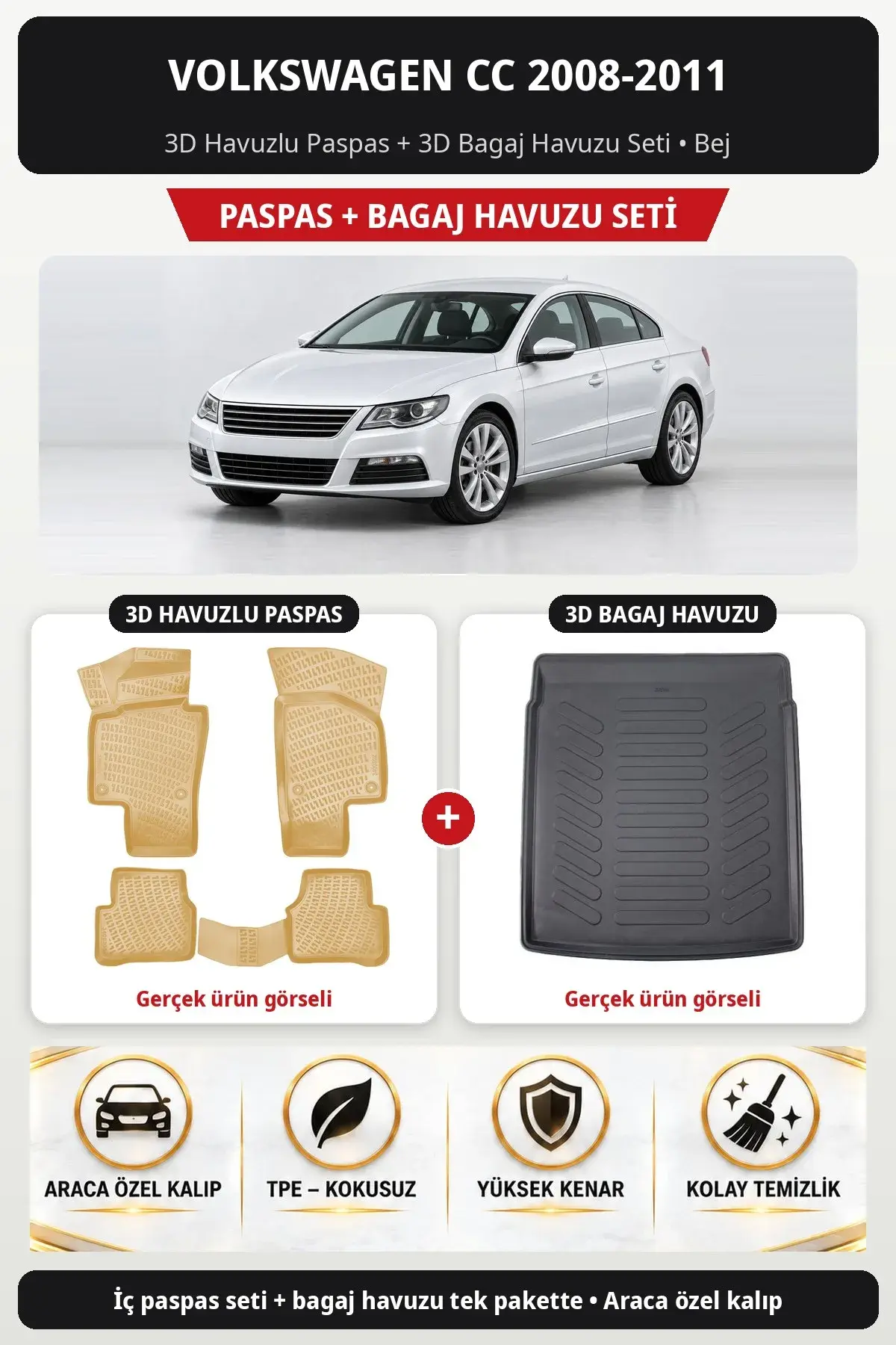 Volkswagen CC 2008-2011 3D Havuzlu Paspas + 3D Bagaj Havuzu Seti Bej (1)