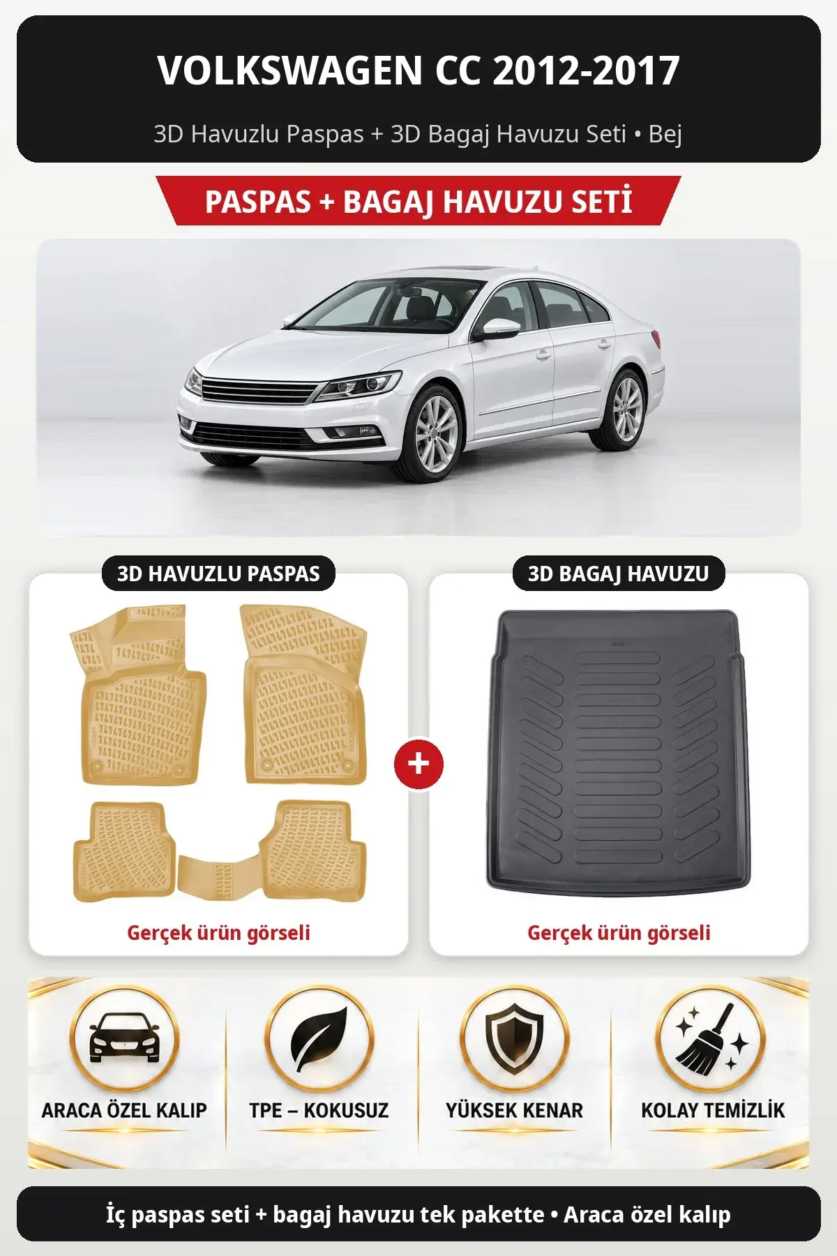Volkswagen CC 2012-2017 3D Havuzlu Paspas + 3D Bagaj Havuzu Seti Bej (1)