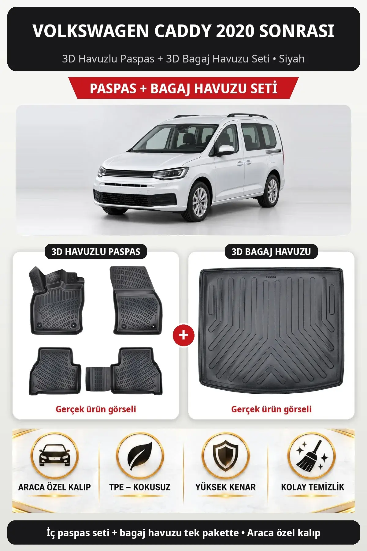 Volkswagen Caddy 2020 Sonrası 3D Havuzlu Paspas + 3D Bagaj Havuzu Seti Siyah (1)