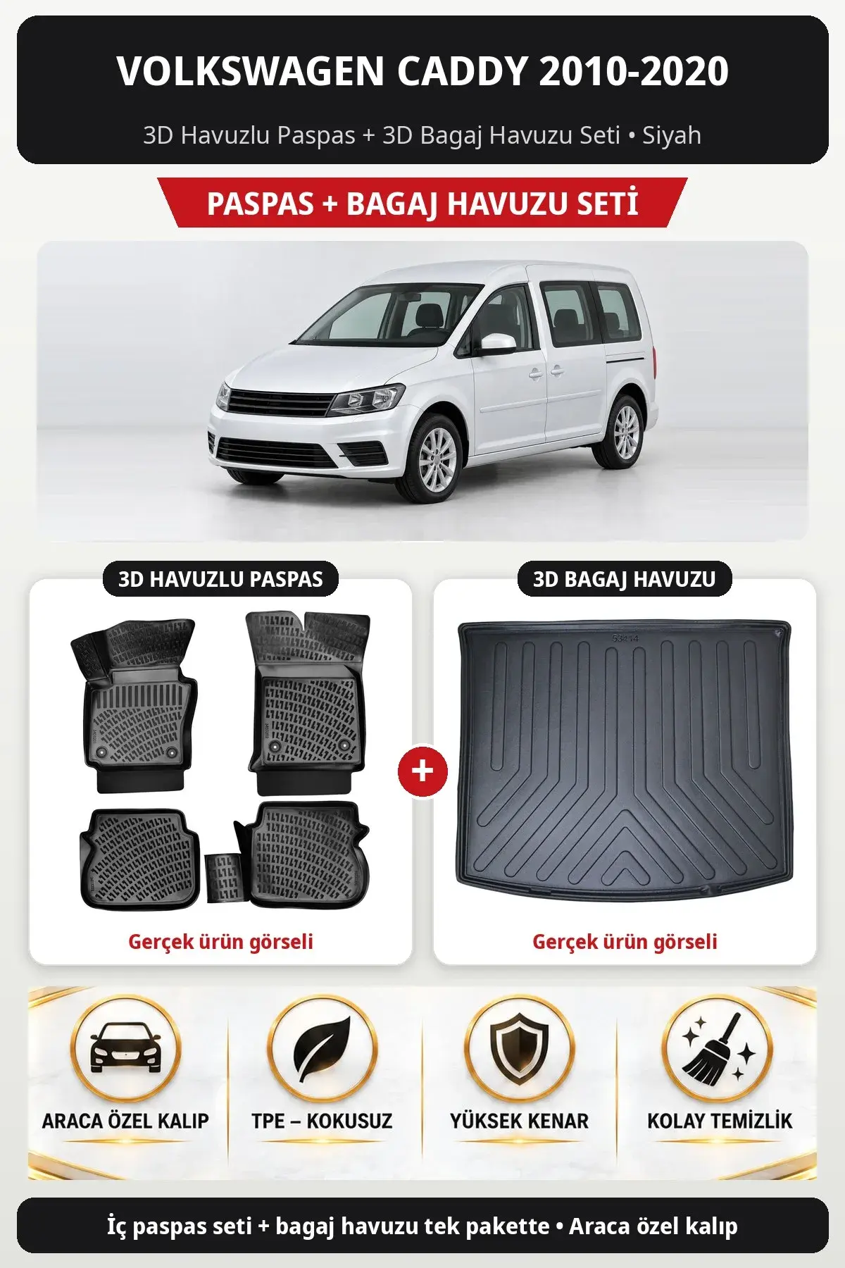 Volkswagen Caddy 2010-2020 3D Havuzlu Paspas + 3D Bagaj Havuzu Seti Siyah (1)